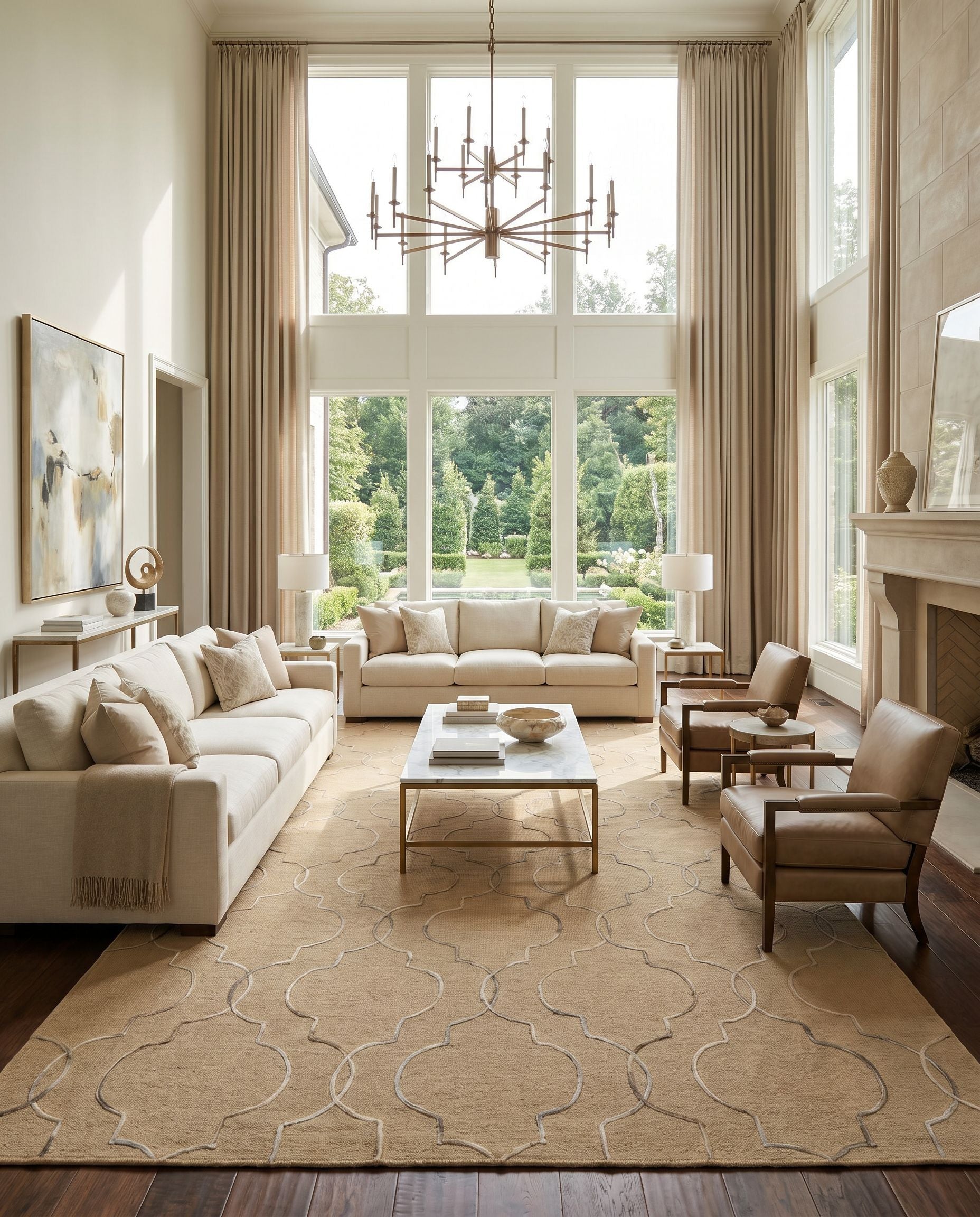 Seabrook SBK-9021 Hand Woven Rug styled in an elegant designer living room — hand woven global area rug in tan, charcoal, brown and ivory tones