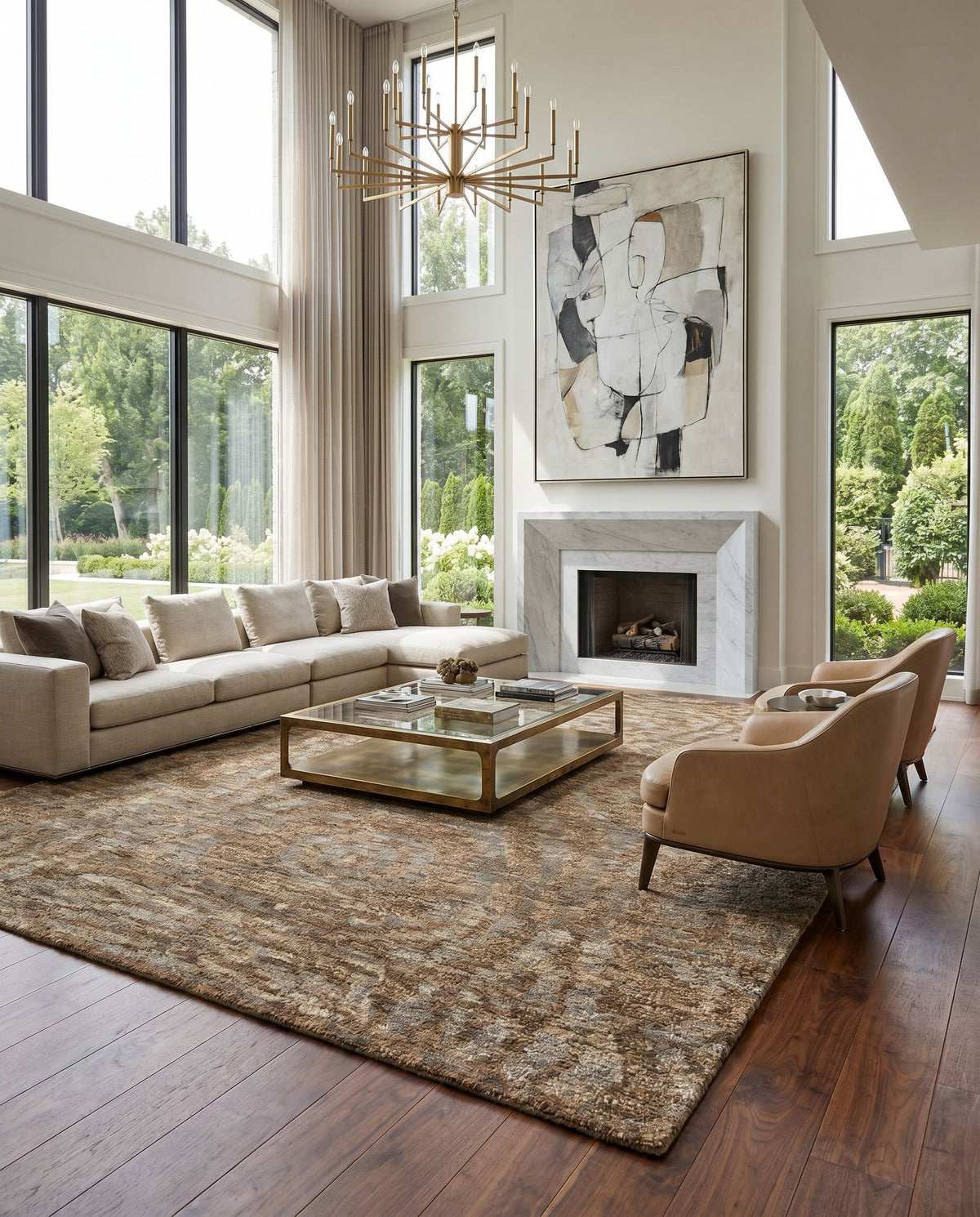 Scarborough SCR-5142 Hand Knotted Rug styled in an elegant designer living room — hand knotted modern area rug in charcoal and dark brown tones