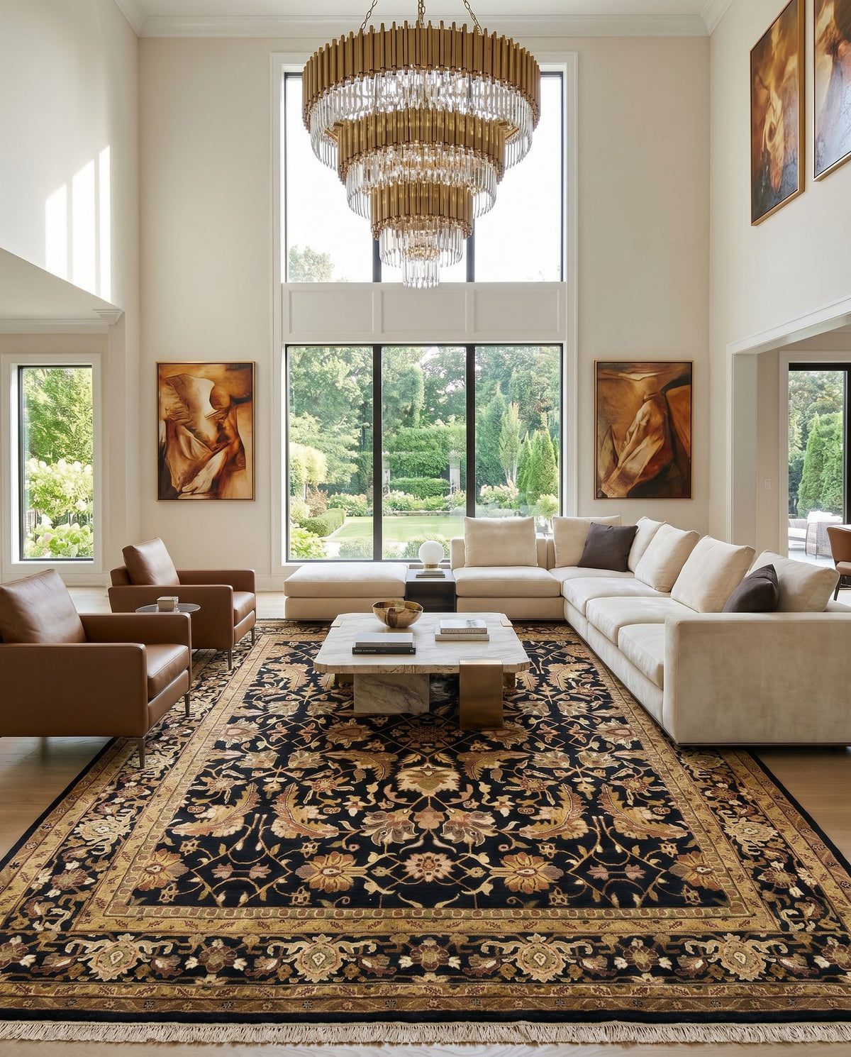 Taj Mahal TJ-44 Hand Knotted Rug styled in an elegant designer living room — hand knotted traditional area rug in black, mustard, burnt orange and olive tones
