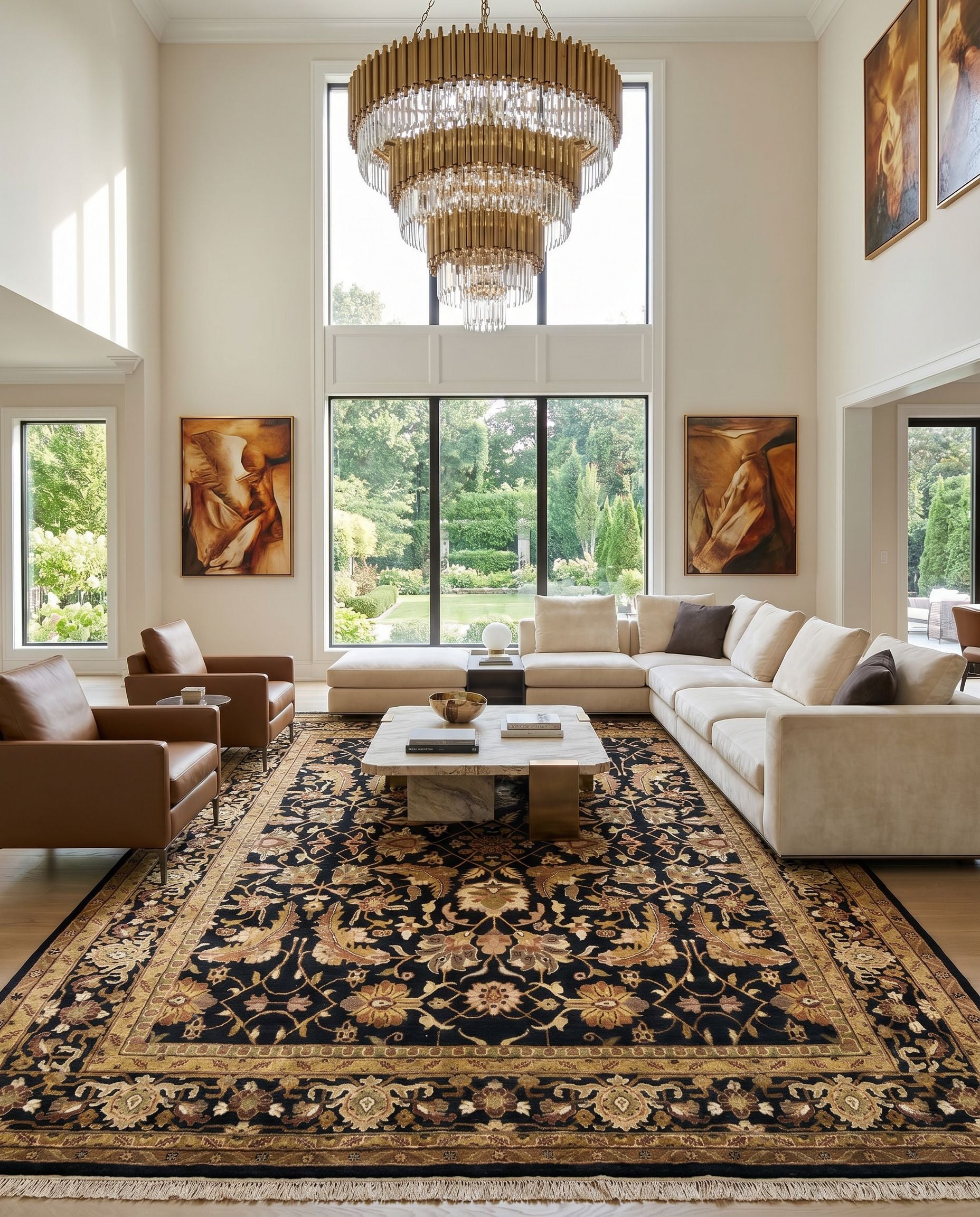 Taj Mahal TJ-44 Hand Knotted Rug styled in an elegant designer living room — hand knotted traditional area rug in black, mustard, burnt orange and olive tones