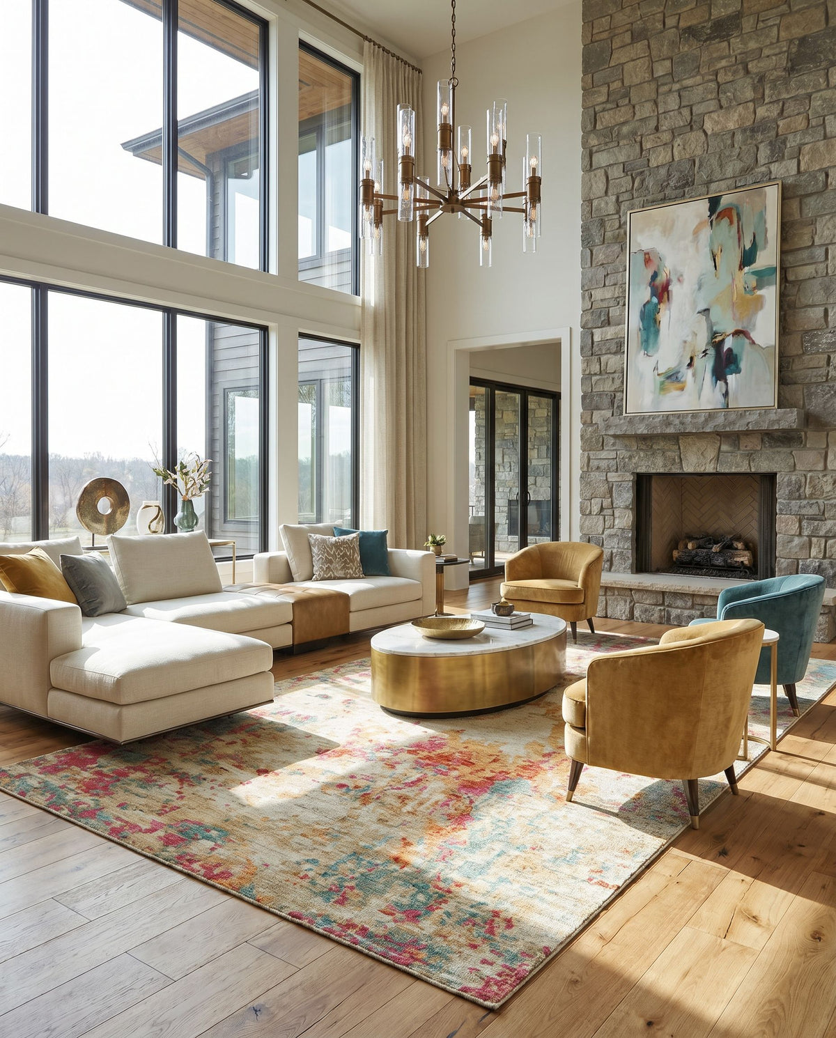 Odyssey ODY-2302 Hand Knotted Rug styled in an elegant designer living room — hand knotted modern area rug in olive, tan, teal and peach tones