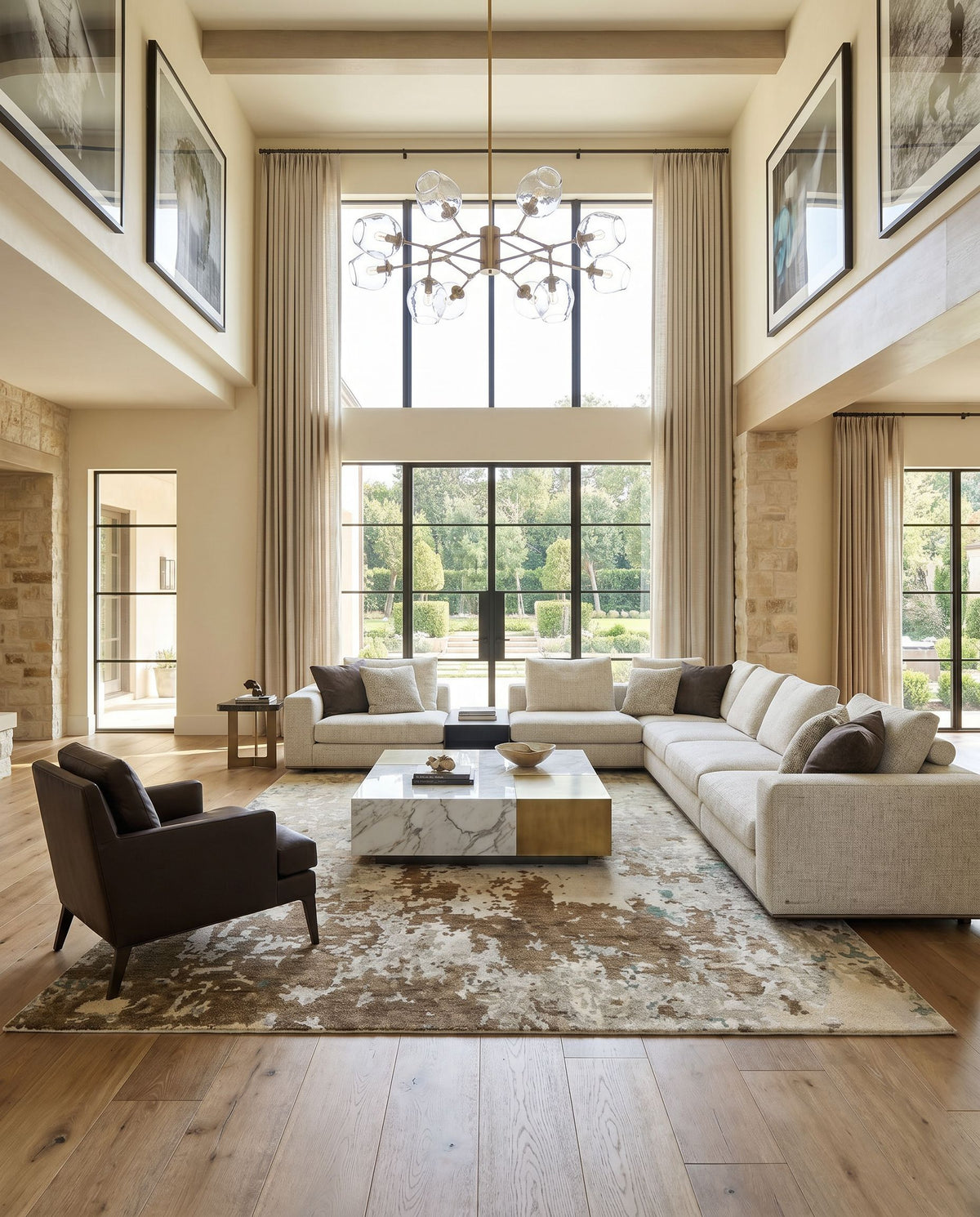 Arte RTE-2306 Hand Knotted Rug styled in an elegant designer living room — hand knotted modern area rug in tan, ivory, light gray and medium gray tones