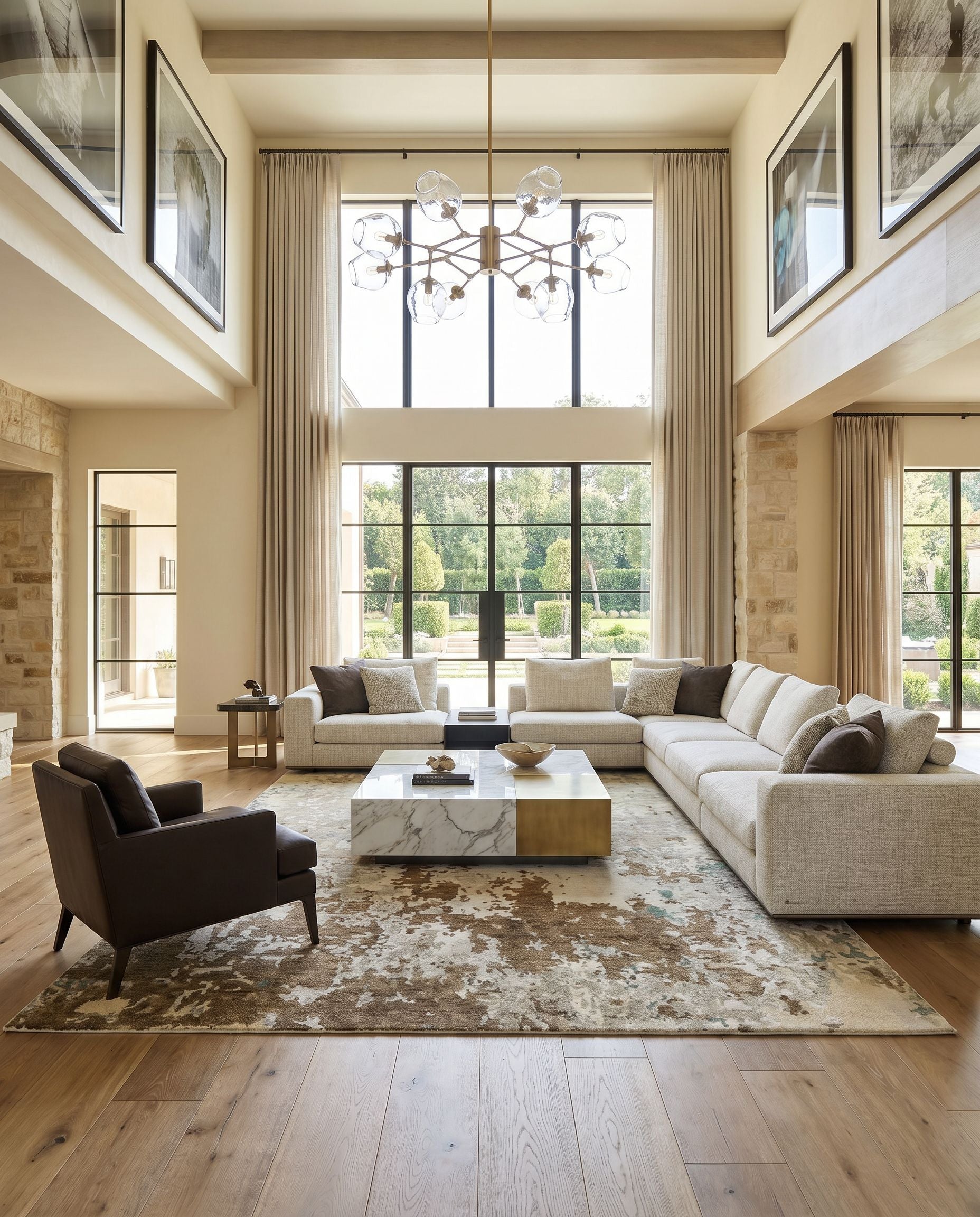 Arte RTE-2306 Hand Knotted Rug styled in an elegant designer living room — hand knotted modern area rug in tan, ivory, light gray and medium gray tones