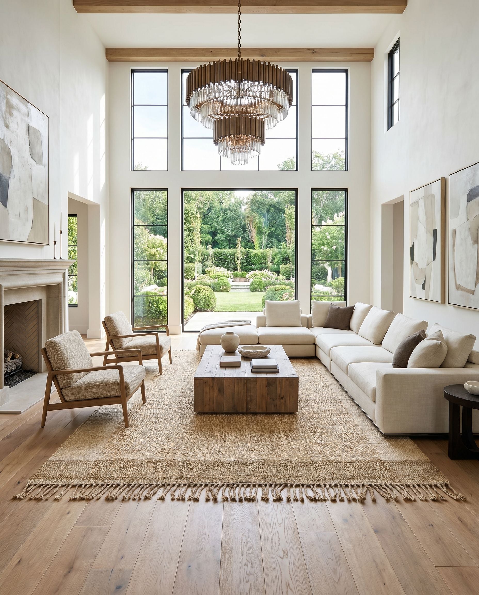 Jasmine JAM-2303 Hand Woven Rug styled in an elegant designer living room — hand woven cottage area rug in light brown and tan tones