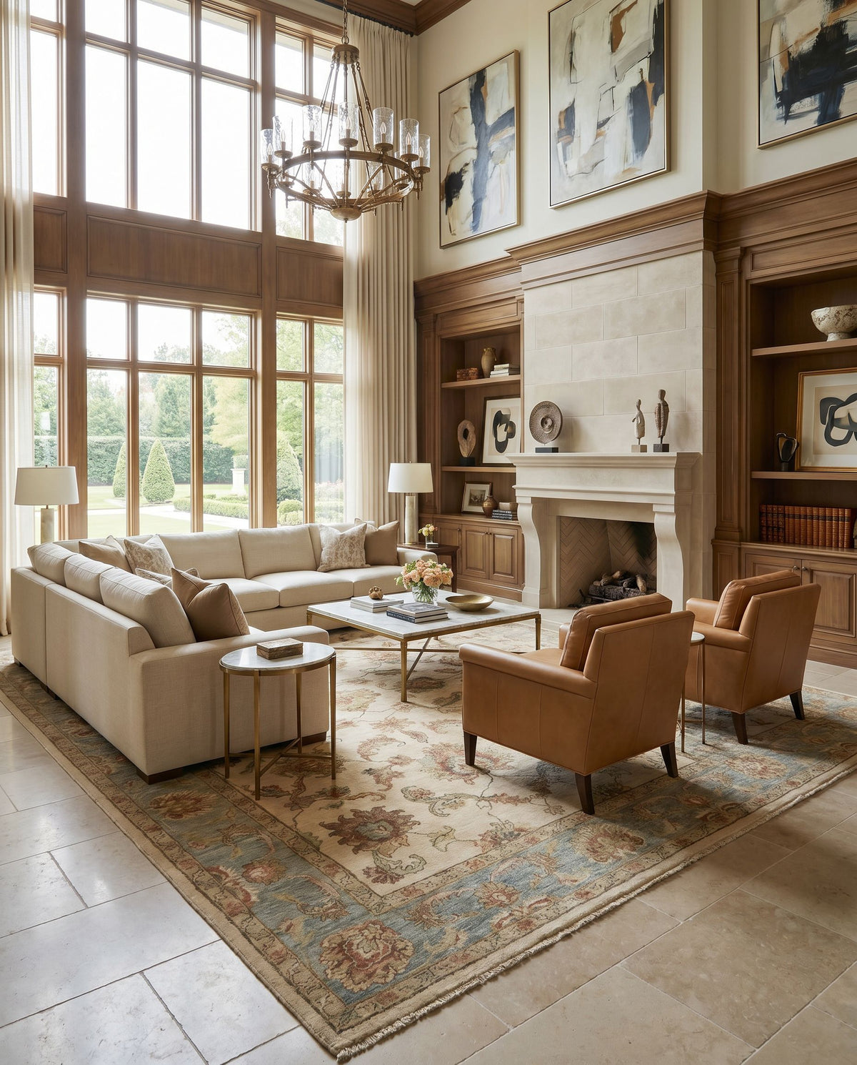 Timeless TIM-7913 Hand Knotted Rug styled in an elegant designer living room — hand knotted traditional area rug in light beige, seafoam, light gray and dusty sage tones