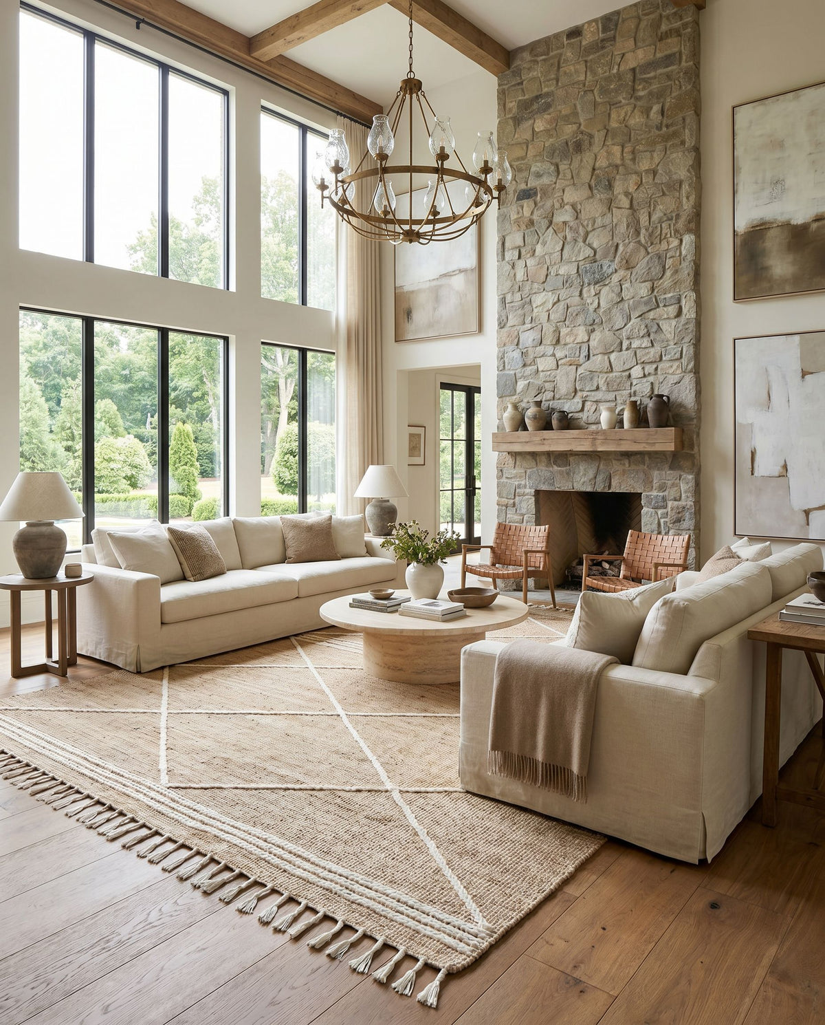 Norwood NWD-2304 Hand Woven Rug styled in an elegant designer living room — hand woven global area rug in tan and cream tones