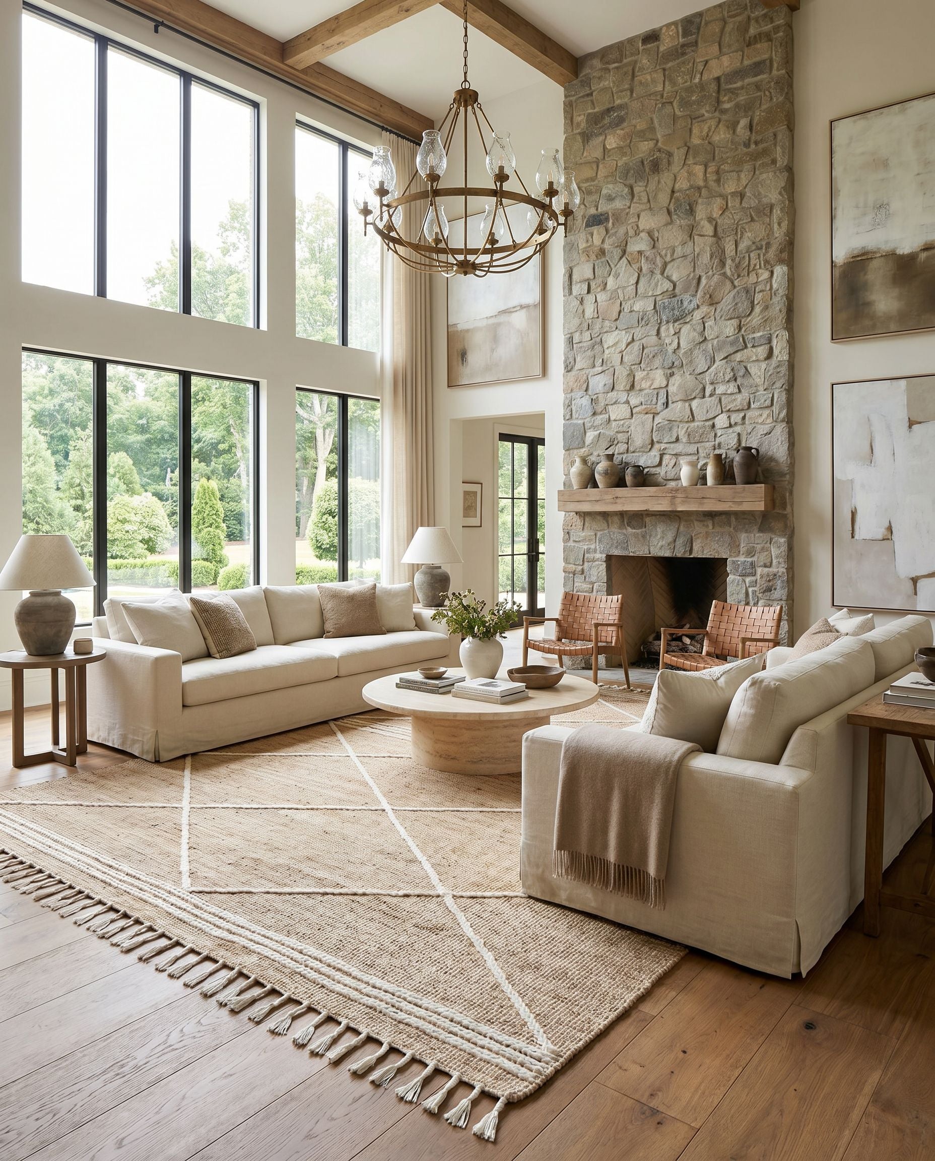 Norwood NWD-2304 Hand Woven Rug styled in an elegant designer living room — hand woven global area rug in tan and cream tones
