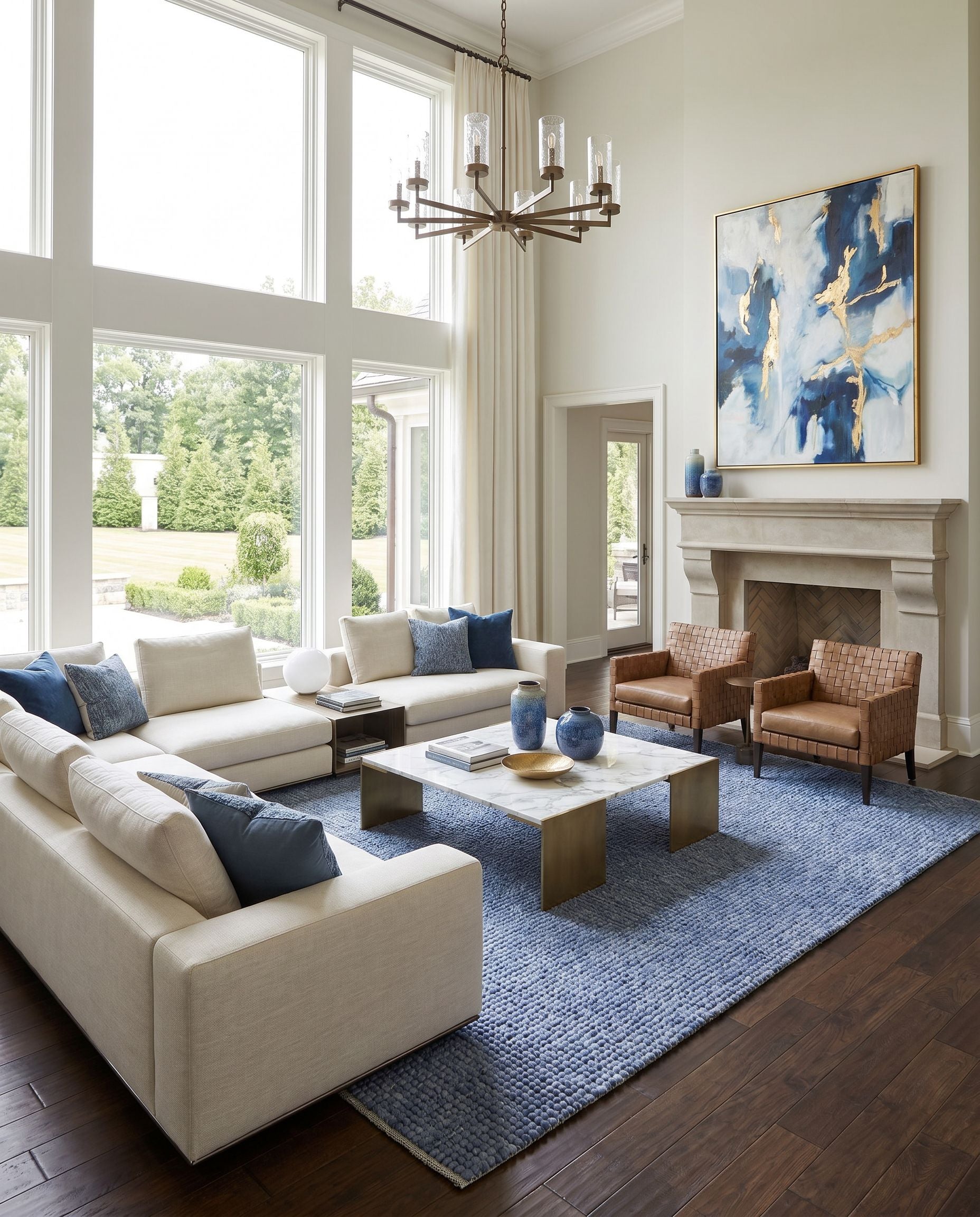 Sierra SRR-2300 Hand Woven Rug styled in an elegant designer living room — hand woven modern area rug in pale blue, denim, dark blue and black tones