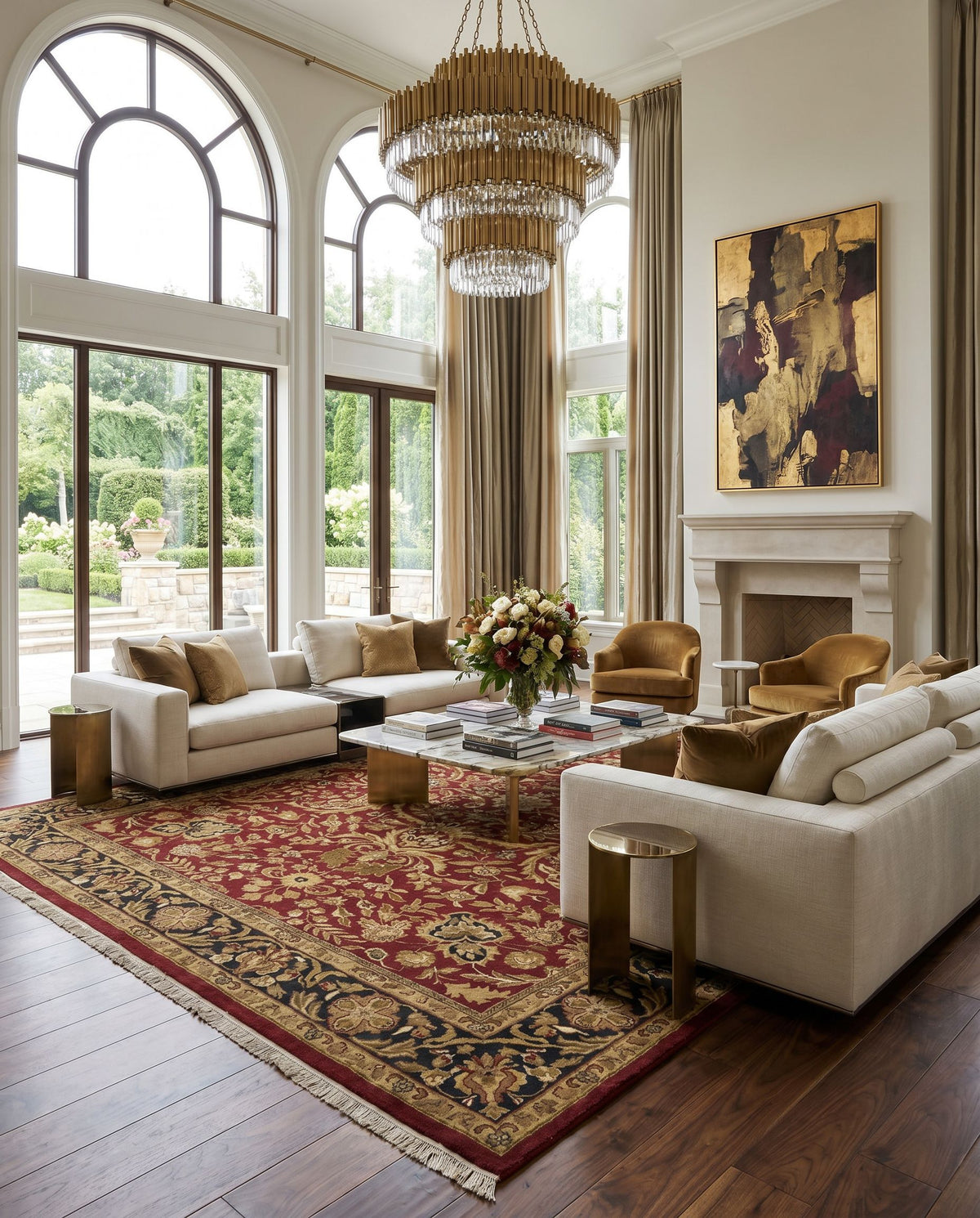 Taj Mahal TJ-1143 Hand Knotted Rug styled in an elegant designer living room — hand knotted traditional area rug in burgundy, black, dark brown and olive tones