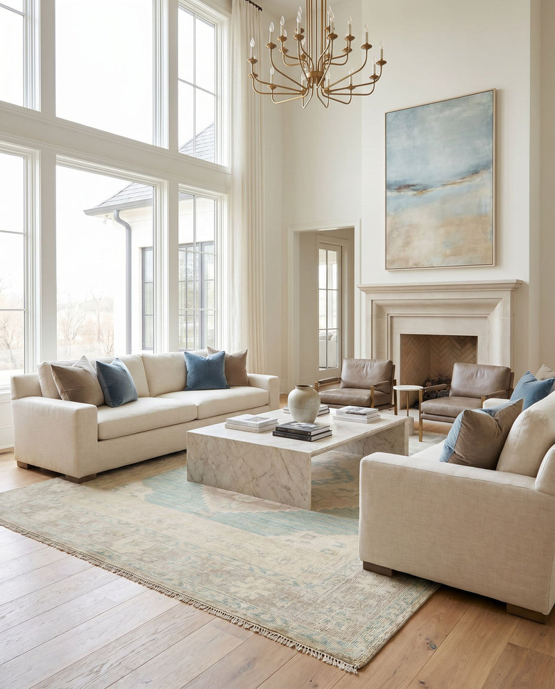 Anadolu AAU-2303 Hand Knotted Rug styled in an elegant designer living room — hand knotted traditional area rug in beige, seafoam, light sage and cream tones