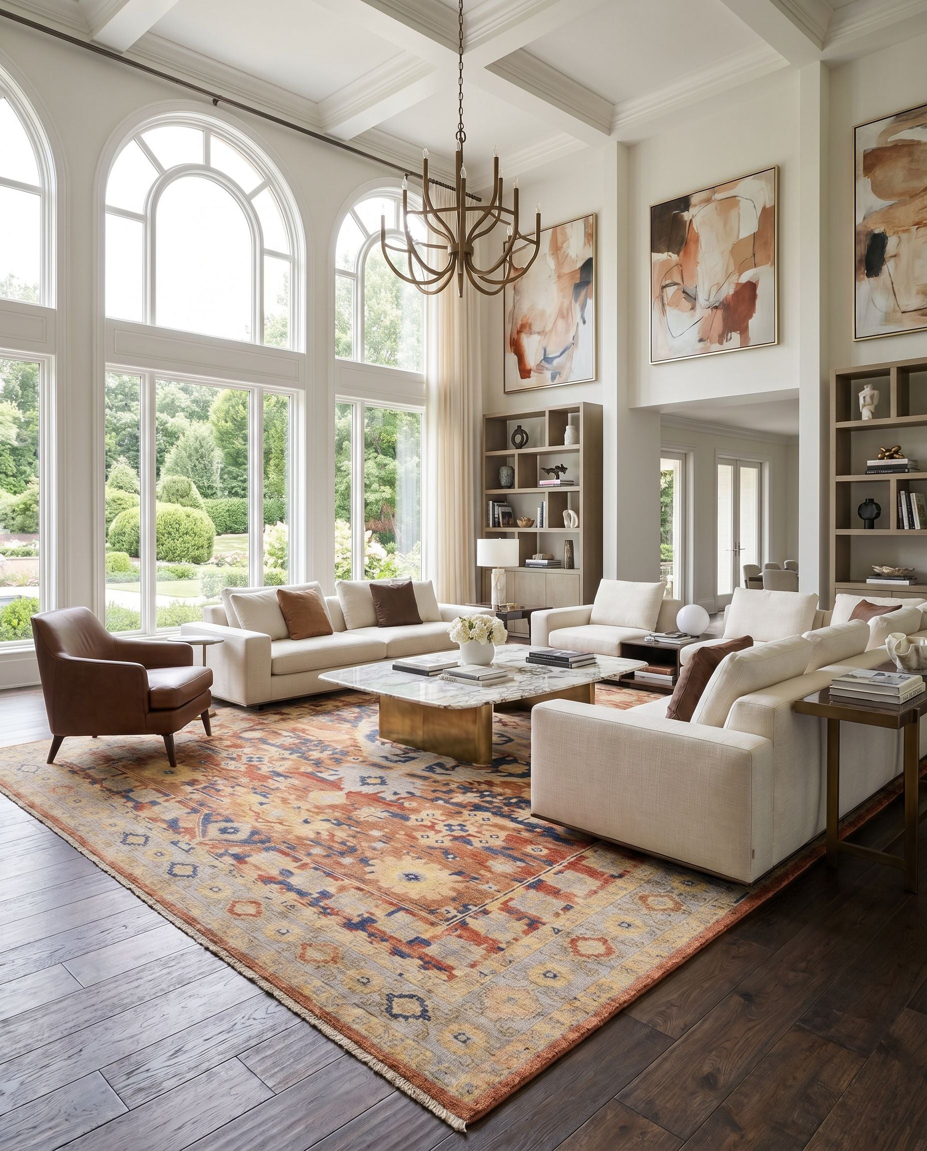 Cappadocia CPP-5026 Hand Knotted Rug styled in an elegant designer living room — hand knotted traditional area rug in rust, light sage, slate and tan tones