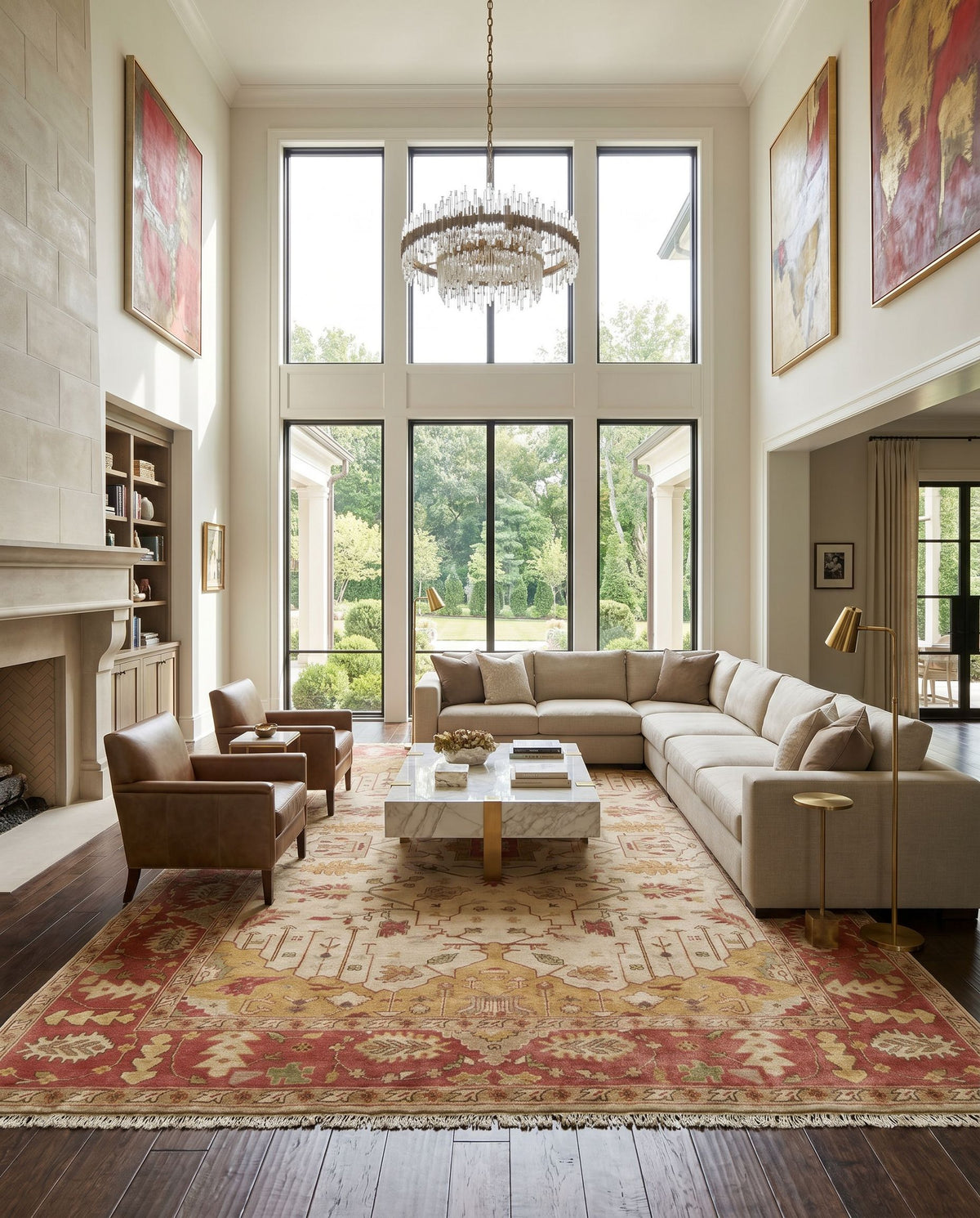 Adana IT-1181 Hand Knotted Rug styled in an elegant designer living room — hand knotted traditional area rug in mustard, burgundy, brown and medium brown tones