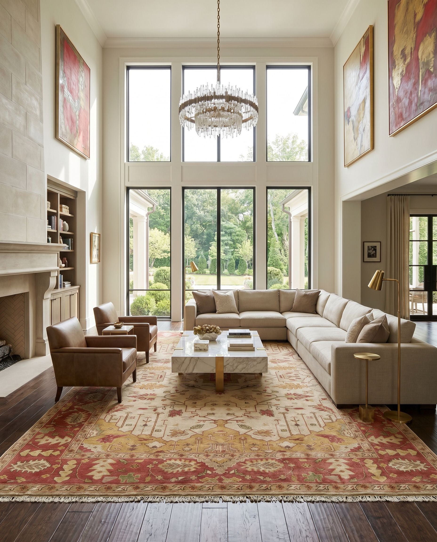 Adana IT-1181 Hand Knotted Rug styled in an elegant designer living room — hand knotted traditional area rug in mustard, burgundy, brown and medium brown tones