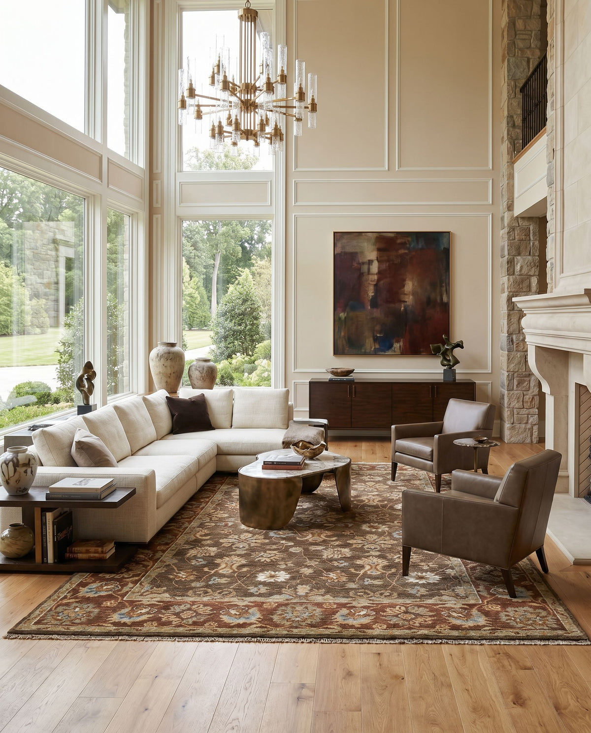 Estate EST-10506 Hand Knotted Rug styled in an elegant designer living room — hand knotted traditional area rug in dark brown, rust, brown and dusty sage tones