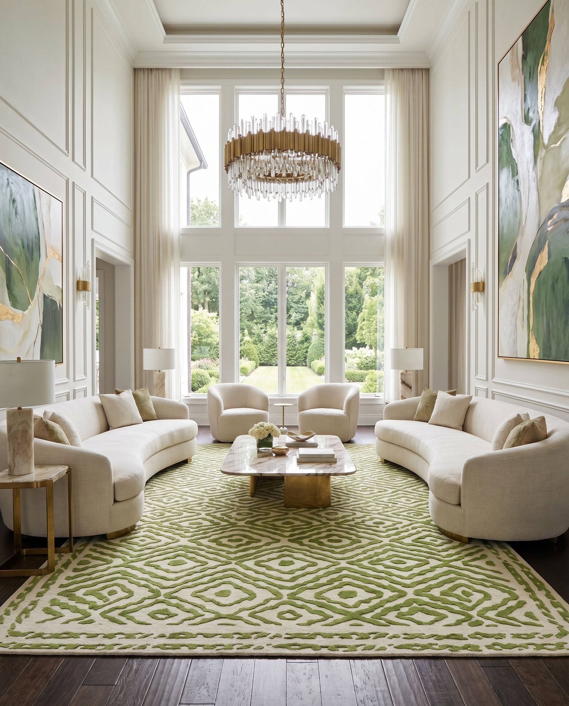 Atlas ATS-1009 Hand Knotted Rug styled in an elegant designer living room — hand knotted traditional area rug in grass green and light beige tones