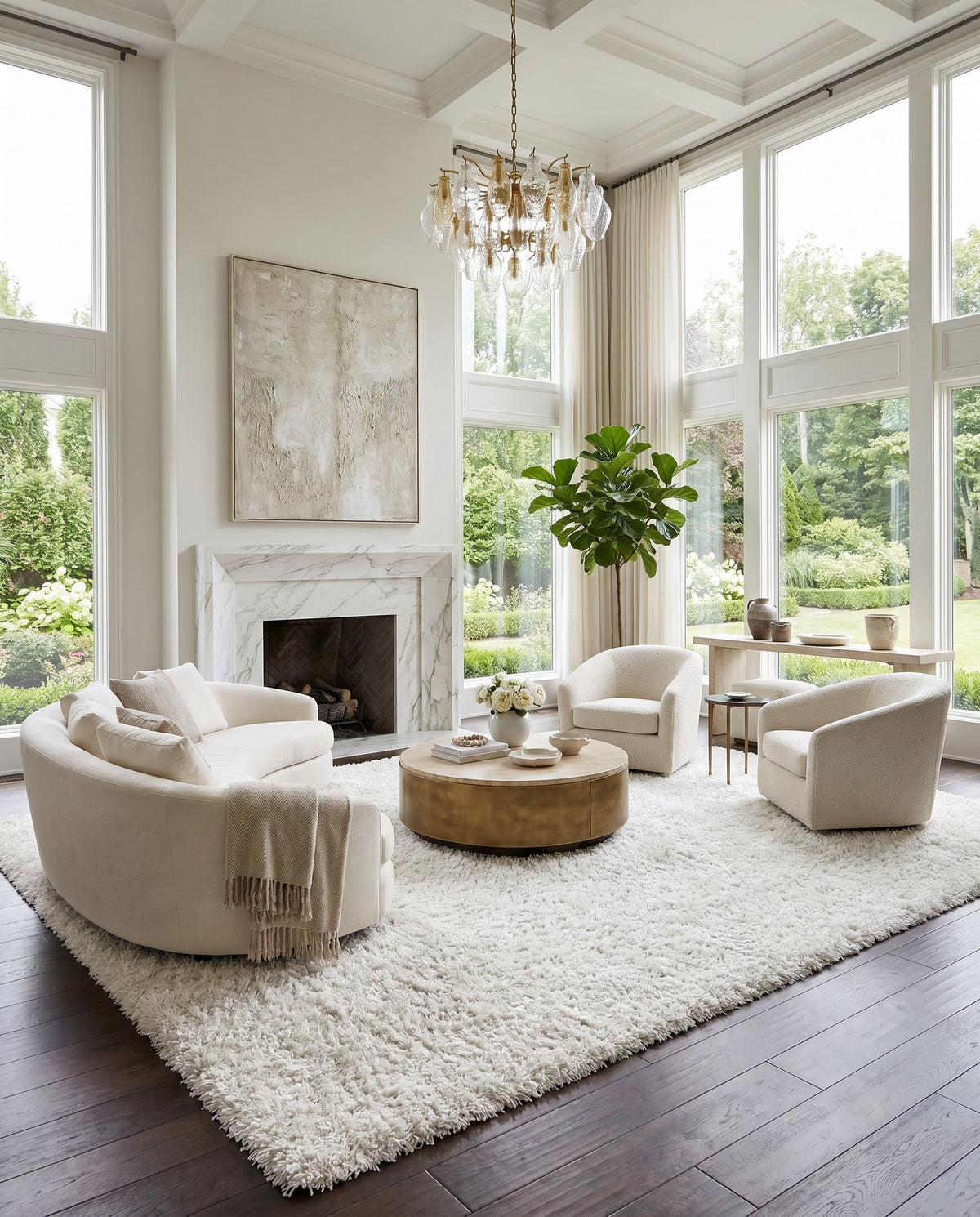 Vivid VIV-803 Hand Woven Rug styled in an elegant designer living room — hand woven modern area rug in cream tones