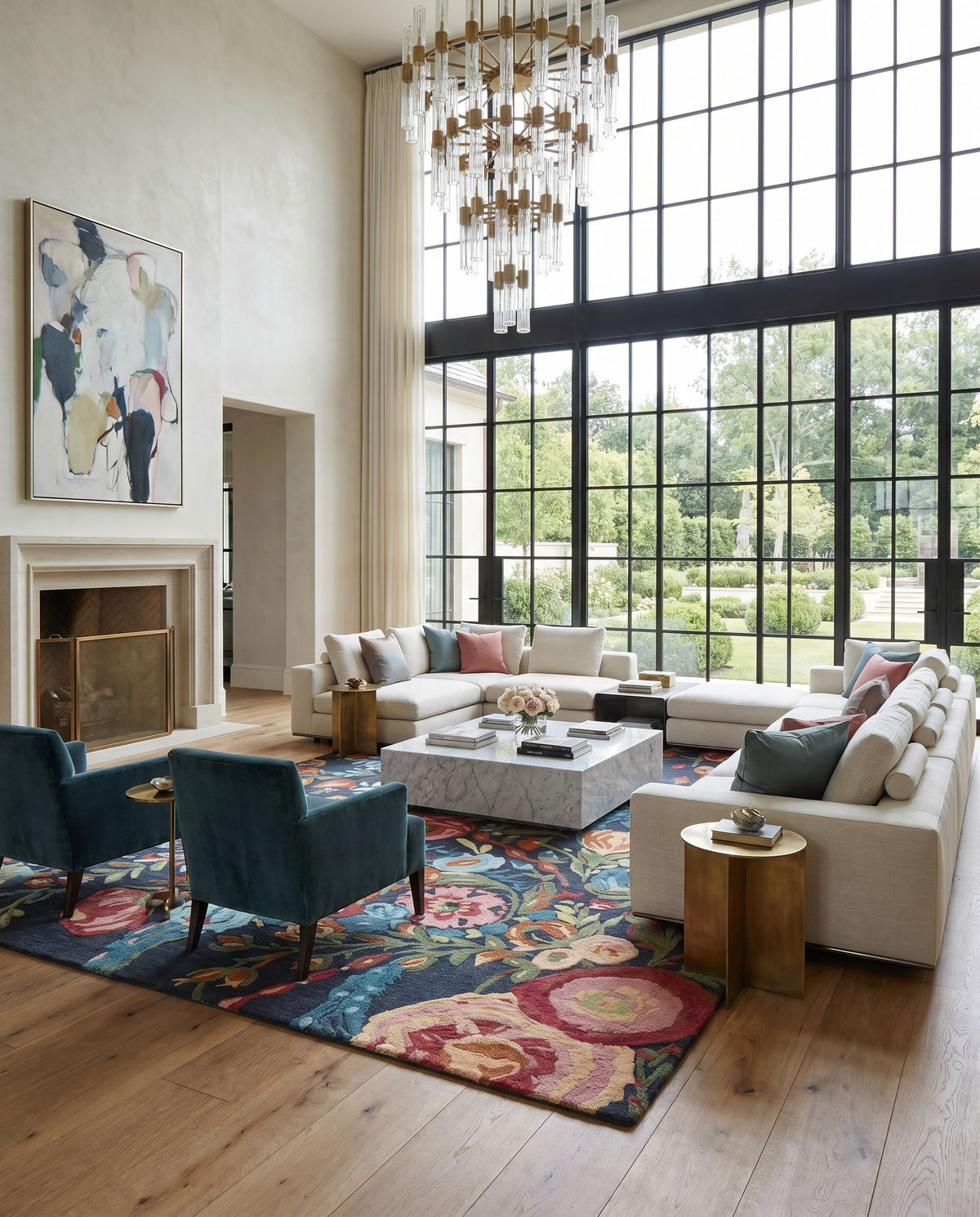 Shindig SDG-2306 Hand Tufted Rug styled in an elegant designer living room — hand tufted cottage area rug in midnight blue, crimson, coral and mustard tones