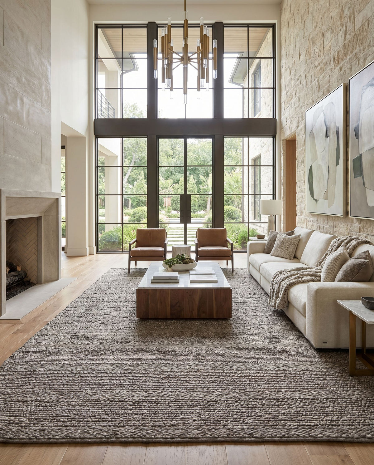 Tahoe TAH-3702 Hand Woven Rug styled in an elegant designer living room — hand woven modern area rug in charcoal, brown and ivory tones