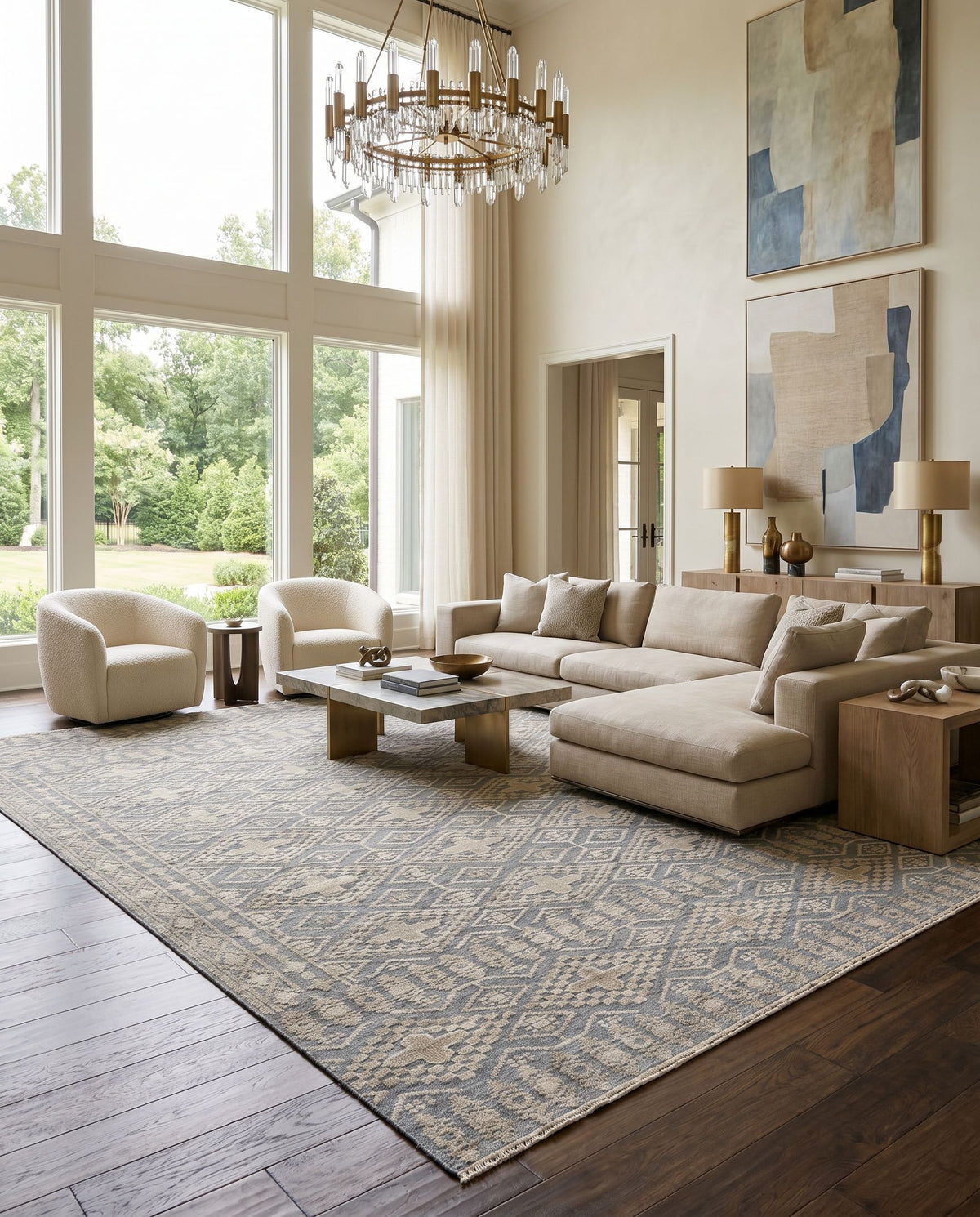 Nobility NBI-2304 Hand Knotted Rug styled in an elegant designer living room — hand knotted traditional area rug in gray, beige and brown tones