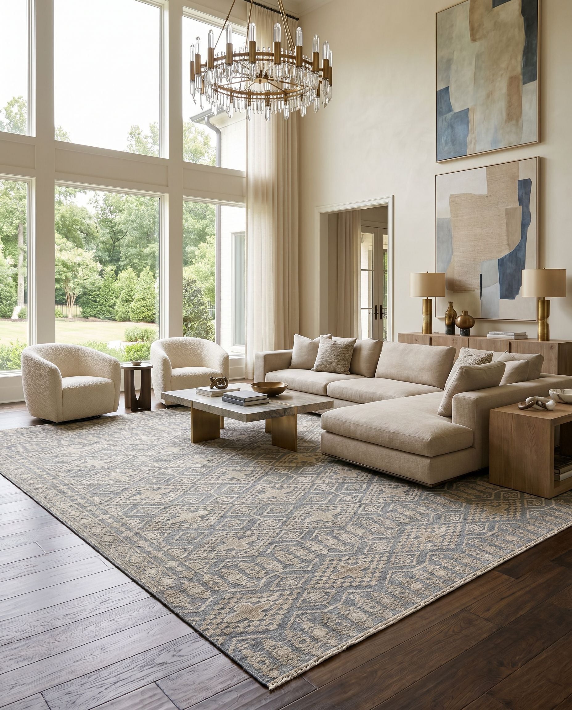 Nobility NBI-2304 Hand Knotted Rug styled in an elegant designer living room — hand knotted traditional area rug in gray, beige and brown tones