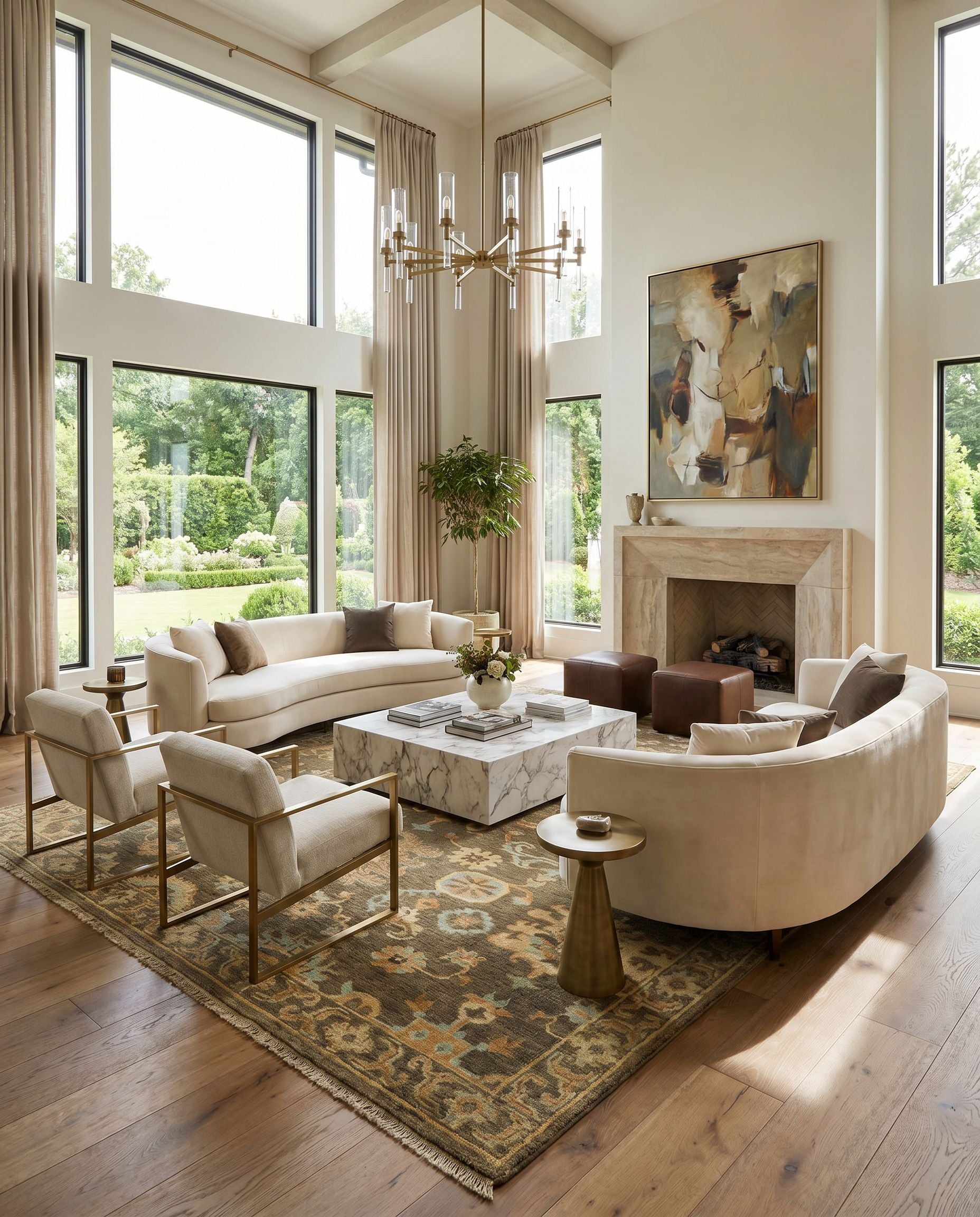 Cappadocia CPP-5032 Hand Knotted Rug styled in an elegant designer living room — hand knotted traditional area rug in burnt orange, seafoam, charcoal and olive tones