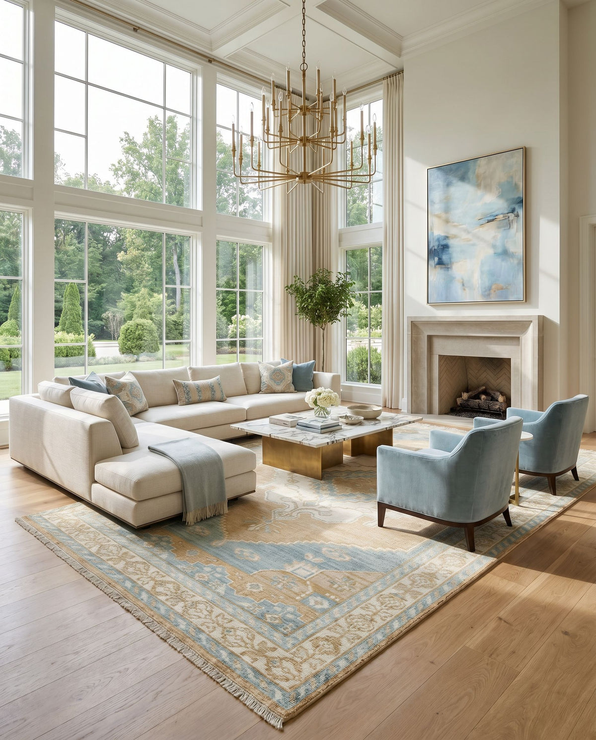 Anadolu AAU-2308 Hand Knotted Rug styled in an elegant designer living room — hand knotted traditional area rug in camel, tan, pale blue and blue tones