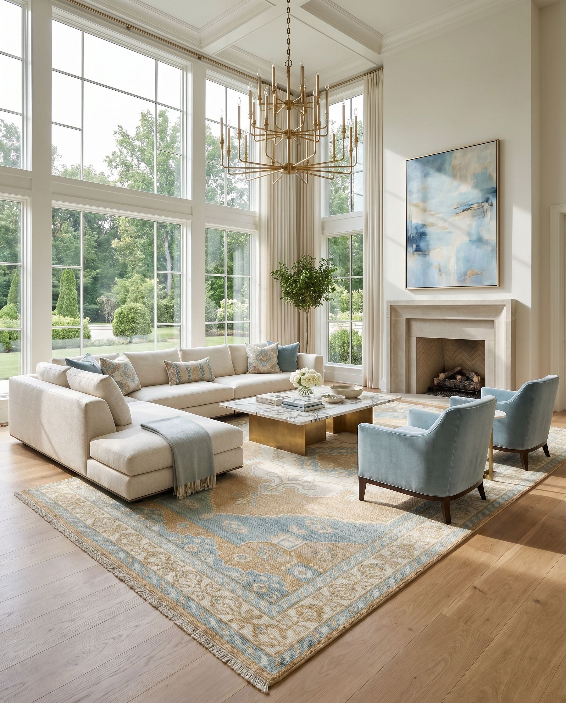 Anadolu AAU-2308 Hand Knotted Rug styled in an elegant designer living room — hand knotted traditional area rug in camel, tan, pale blue and blue tones