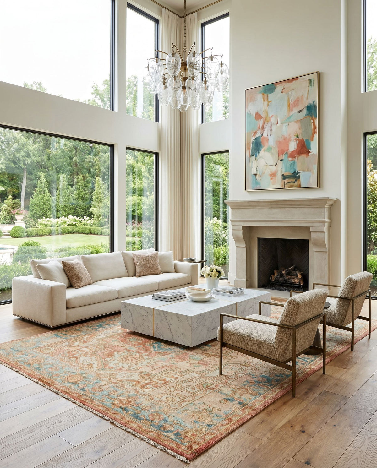 Hamadan HAM-2303 Hand Knotted Rug styled in an elegant designer living room — hand knotted traditional area rug in rust, dark blue, seafoam and saffron tones