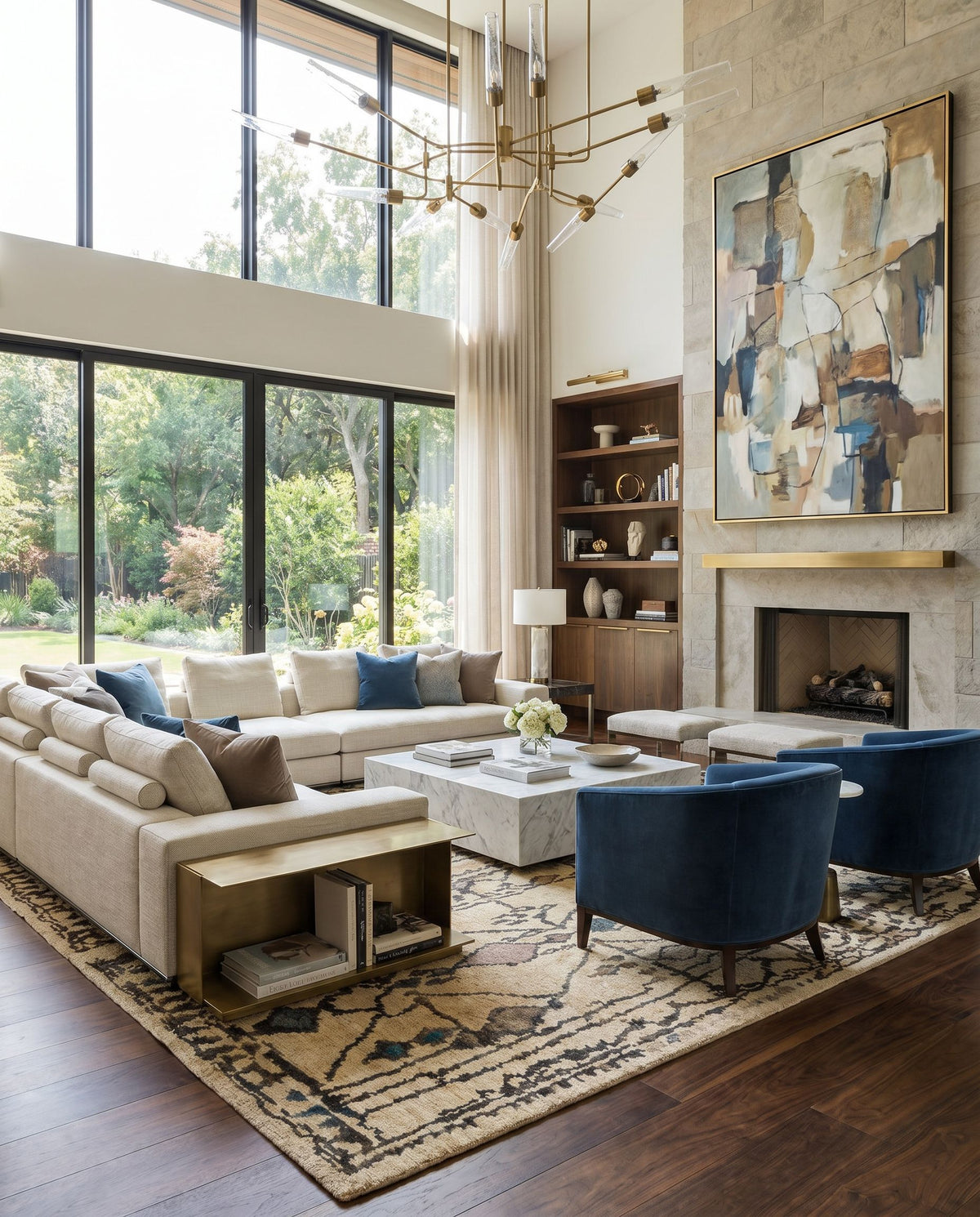 Medina MED-1112 Hand Knotted Rug styled in an elegant designer living room — hand knotted global area rug in aqua, beige, tan and taupe tones