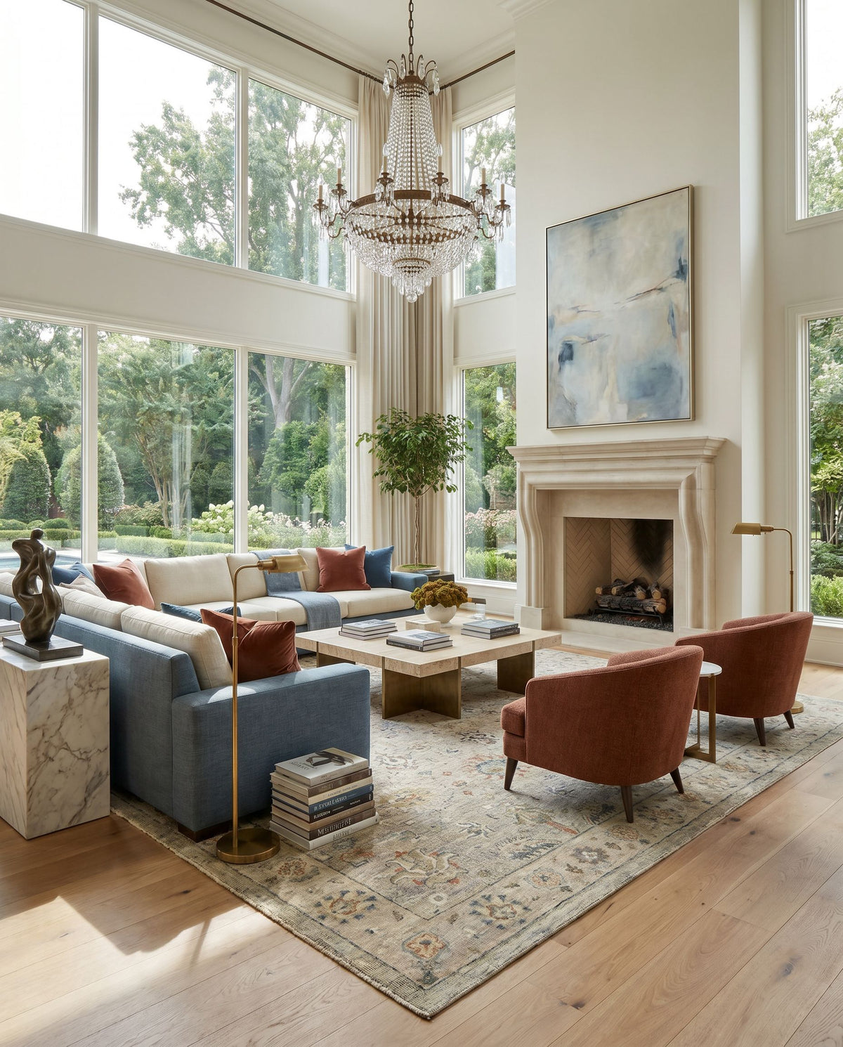 Anatolia ANY-2305 Hand Knotted Rug styled in an elegant designer living room — hand knotted traditional area rug in dark blue, rust, taupe and dark brown tones
