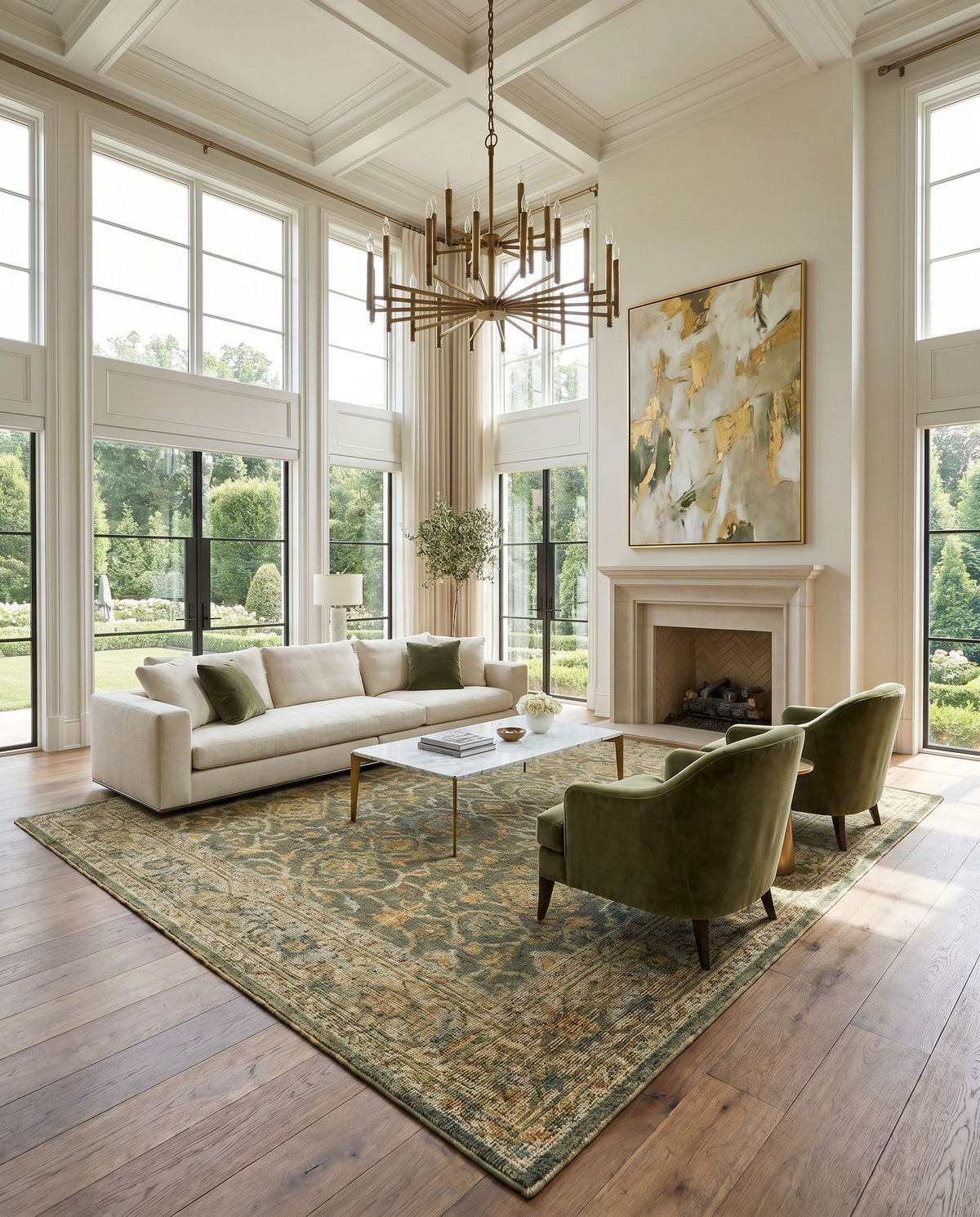 Reign REG-2310 Hand Knotted Rug styled in an elegant designer living room — hand knotted traditional area rug in sage, brown, grass green and orange tones
