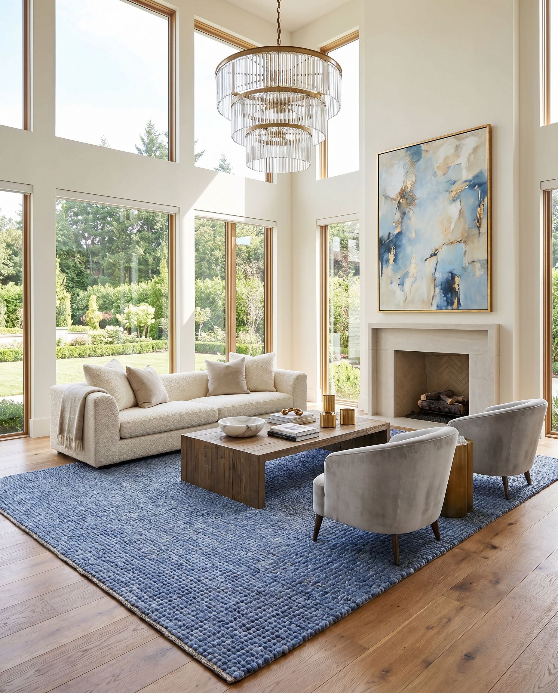 Sierra SRR-2300 Hand Woven Rug styled in an elegant designer living room — hand woven modern area rug in pale blue, denim, dark blue and black tones
