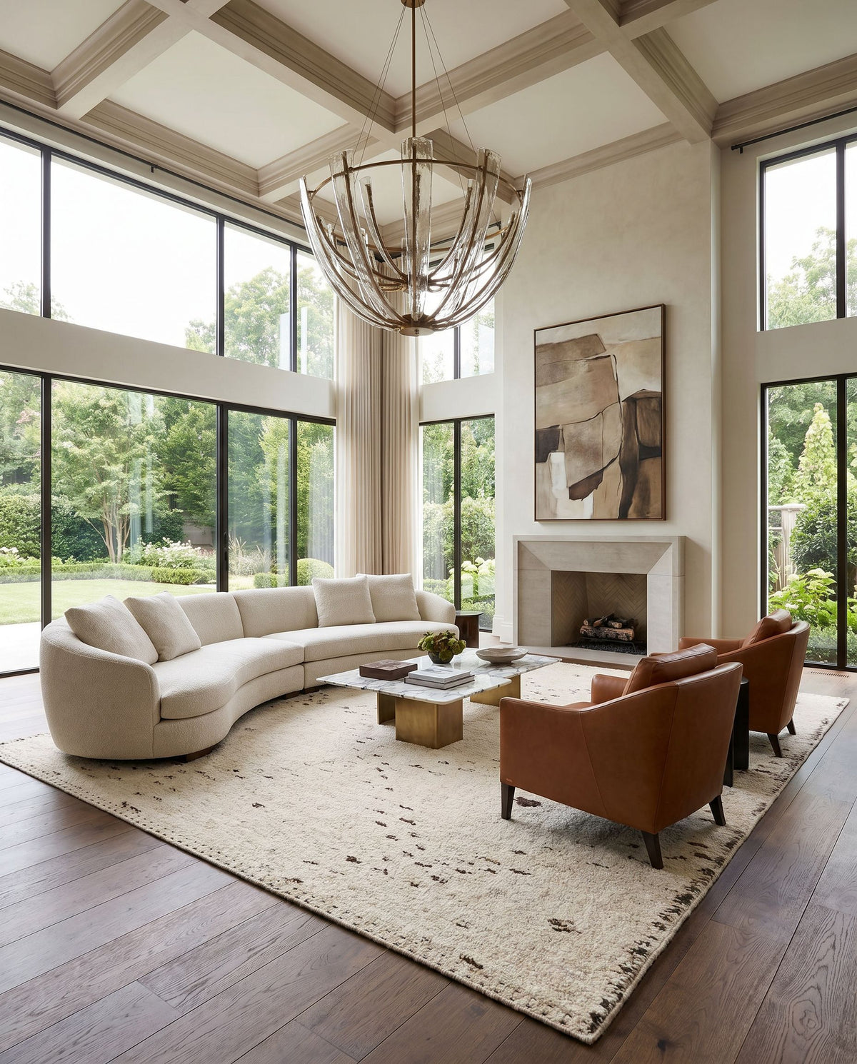 Machu Picchu MCU-1004 Hand Woven Rug styled in an elegant designer living room — hand woven global area rug in light beige, medium gray and dark brown tones