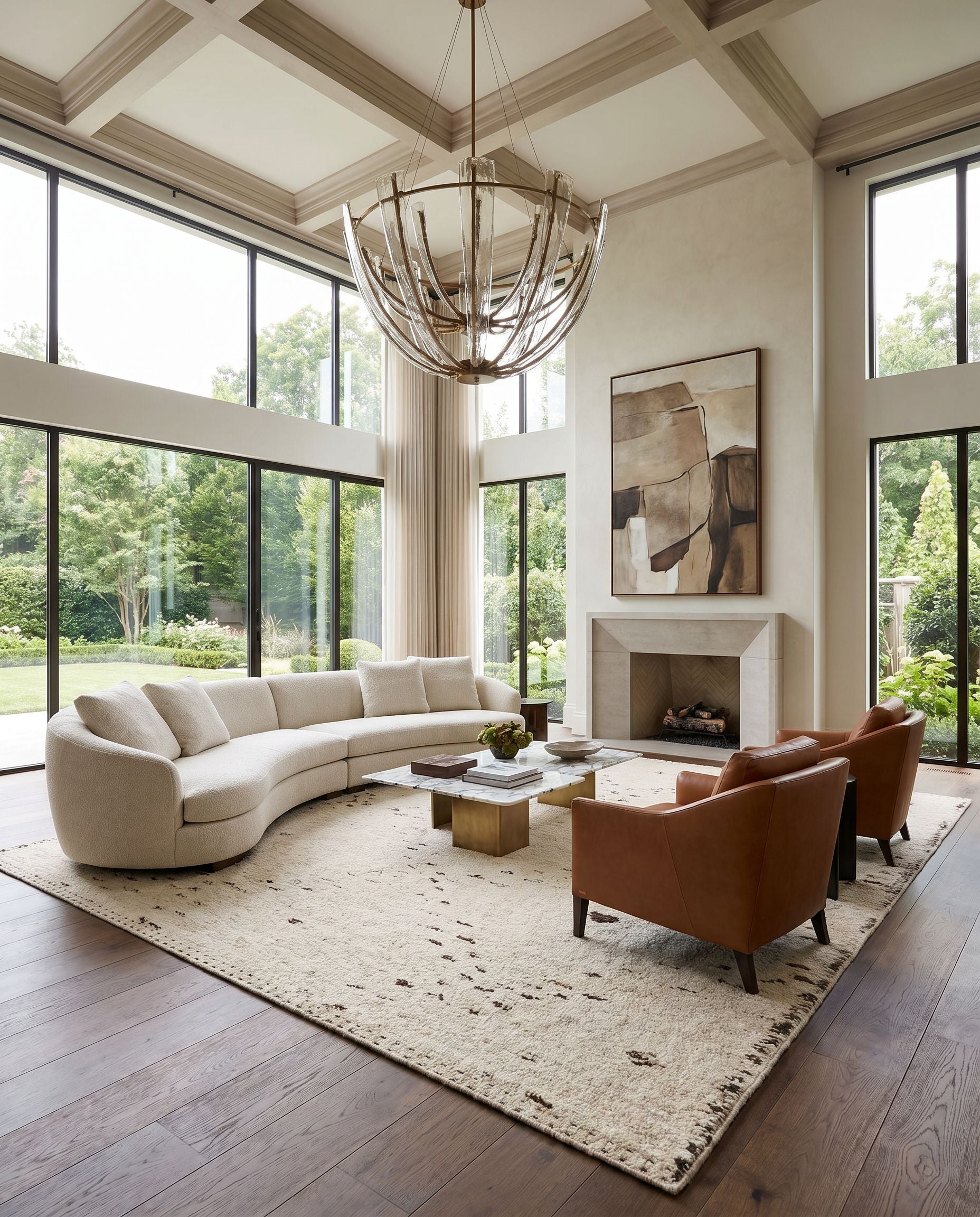 Machu Picchu MCU-1004 Hand Woven Rug styled in an elegant designer living room — hand woven global area rug in light beige, medium gray and dark brown tones