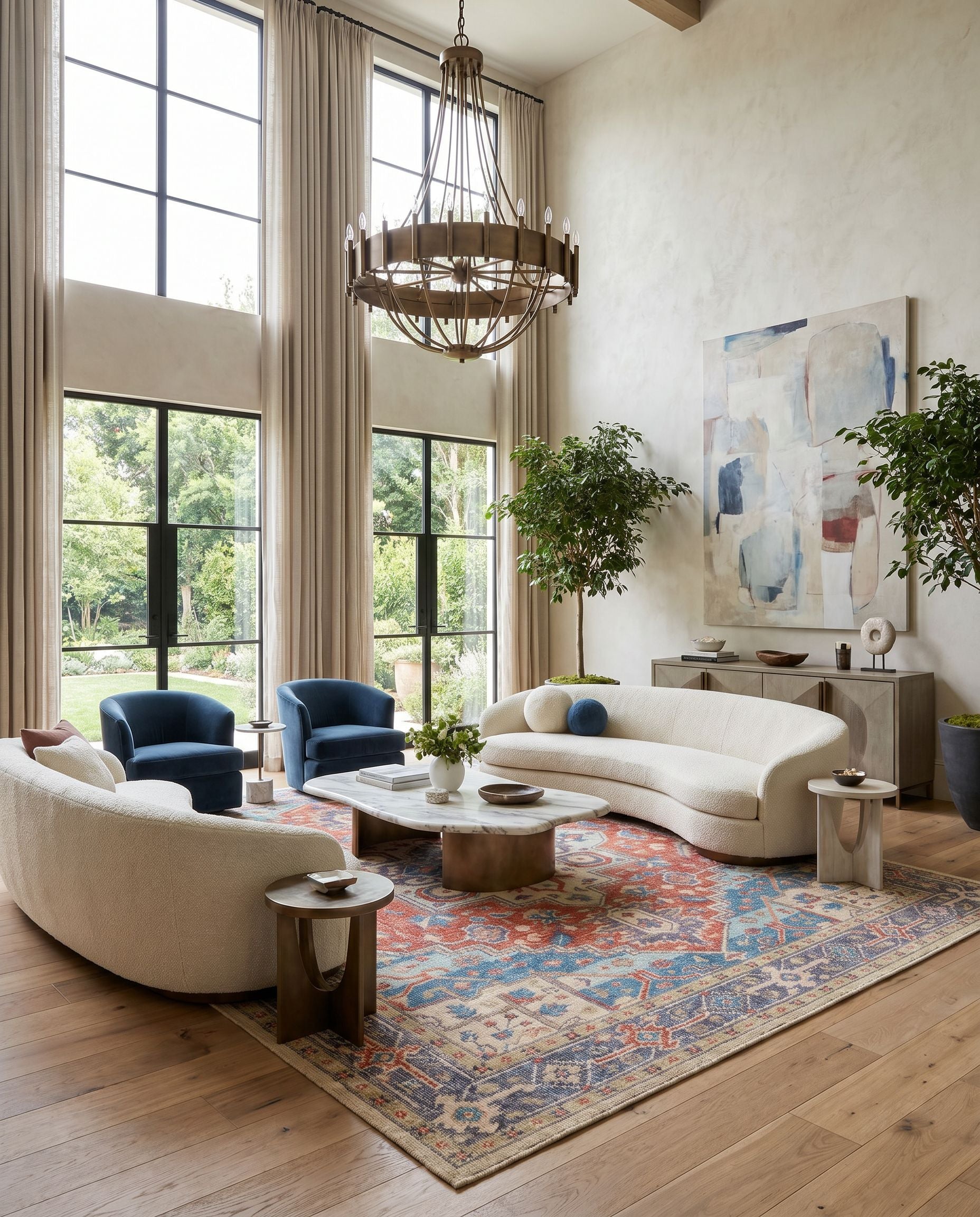 Kars KSA-2304 Hand Knotted Rug styled in an elegant designer living room — hand knotted traditional area rug in red, coral, blue and pale blue tones
