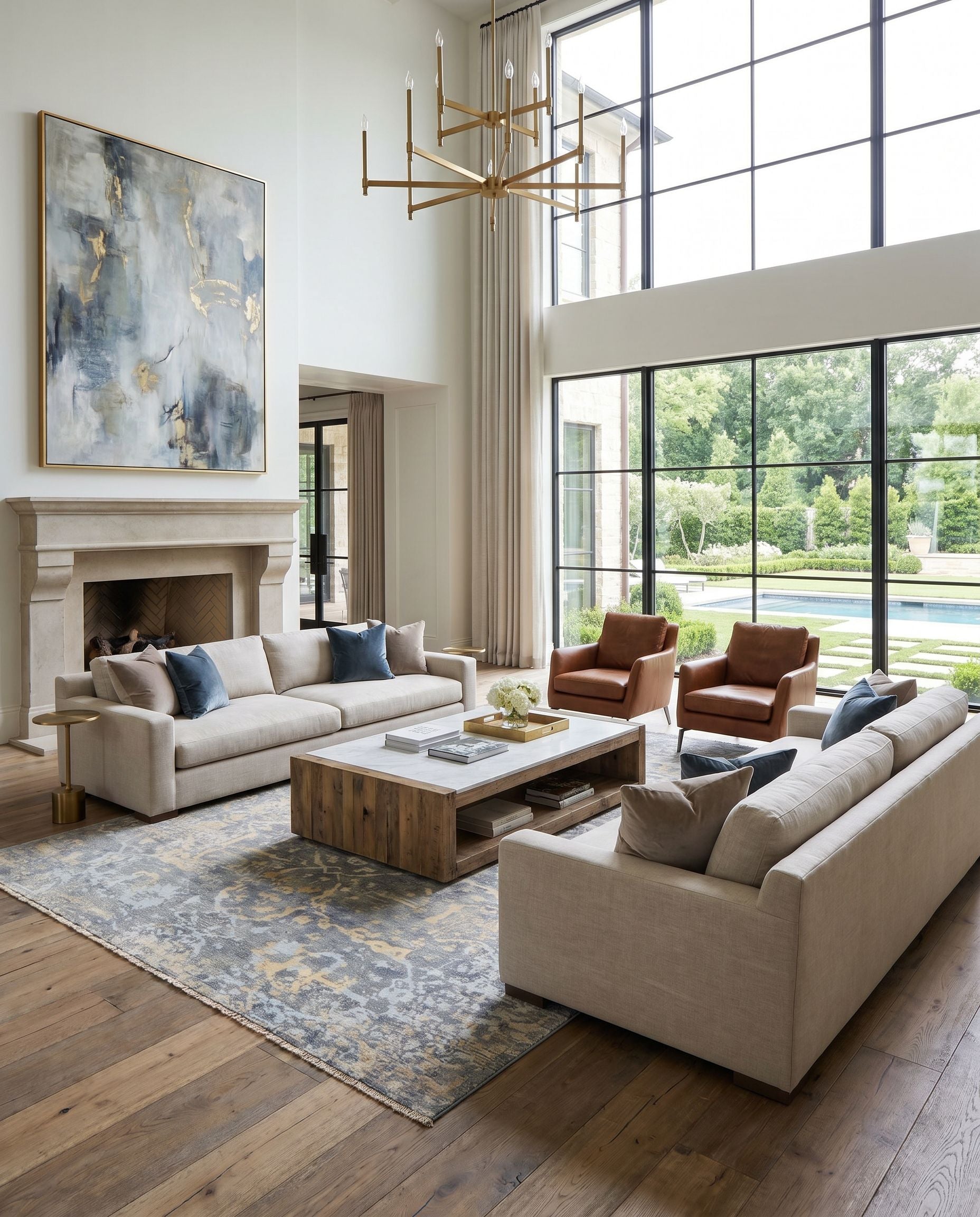 Normandy NOY-8005 Hand Knotted Rug styled in an elegant designer living room — hand knotted traditional area rug in blue, dusty sage, wheat and light blue tones