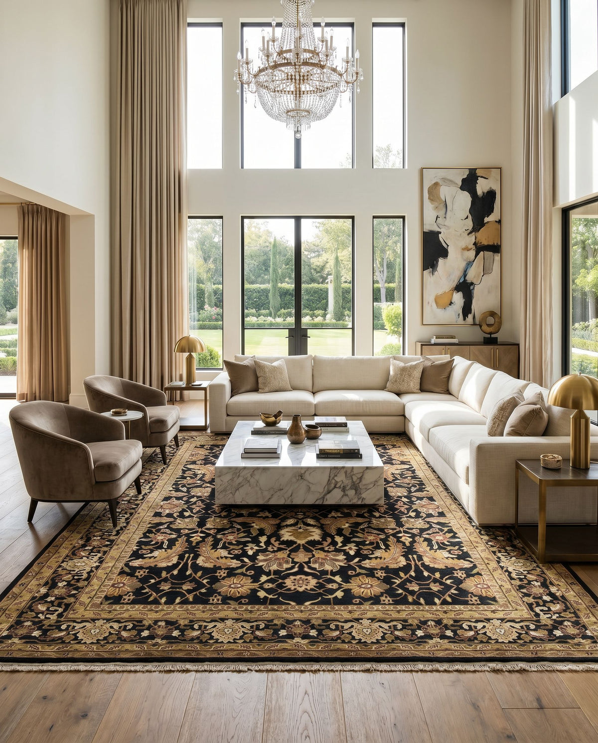 Taj Mahal TJ-44 Hand Knotted Rug styled in an elegant designer living room — hand knotted traditional area rug in black, mustard, burnt orange and olive tones