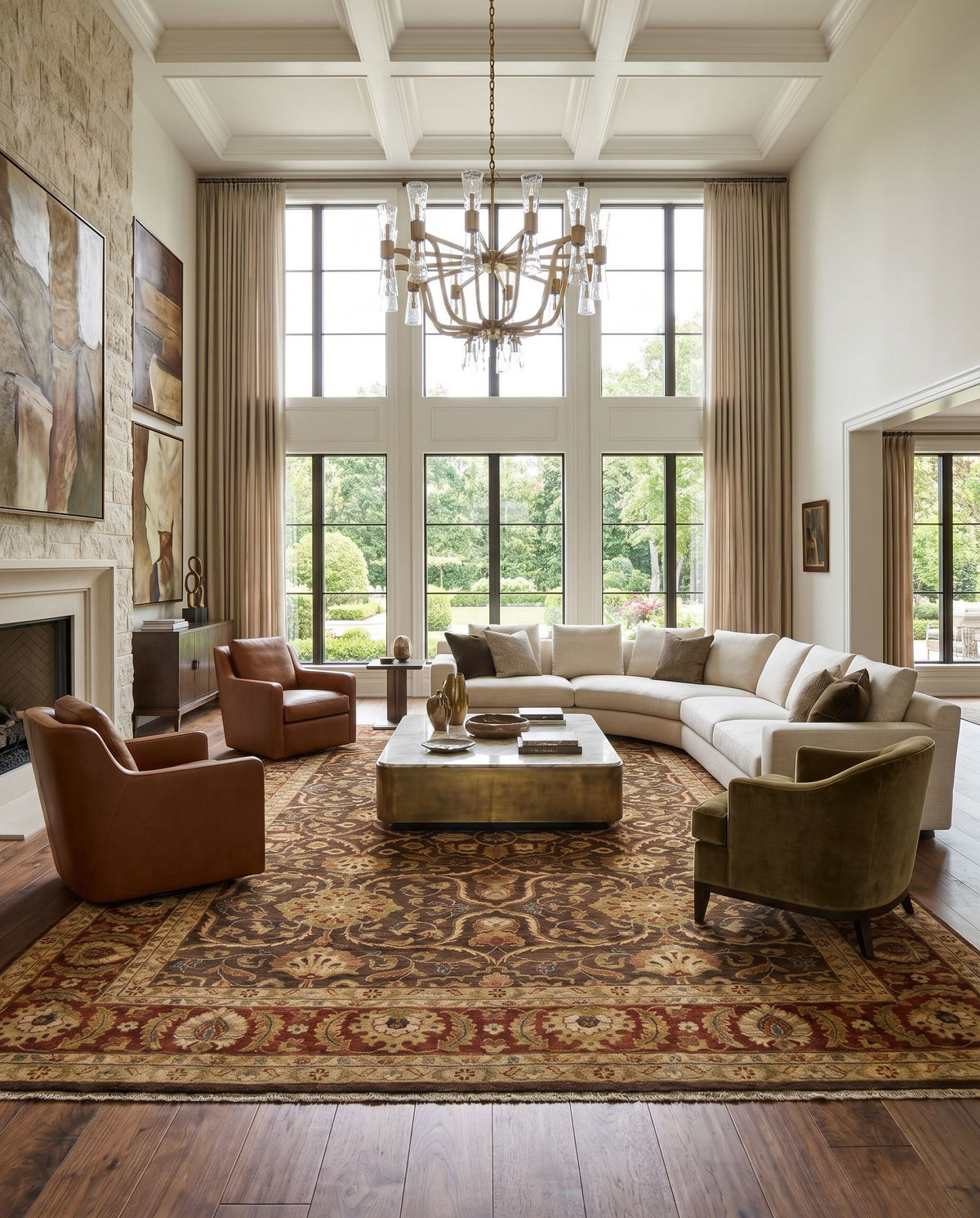 Timeless TIM-7920 Hand Knotted Rug styled in an elegant designer living room — hand knotted traditional area rug in light brown, burnt orange, medium brown and sky blue tones