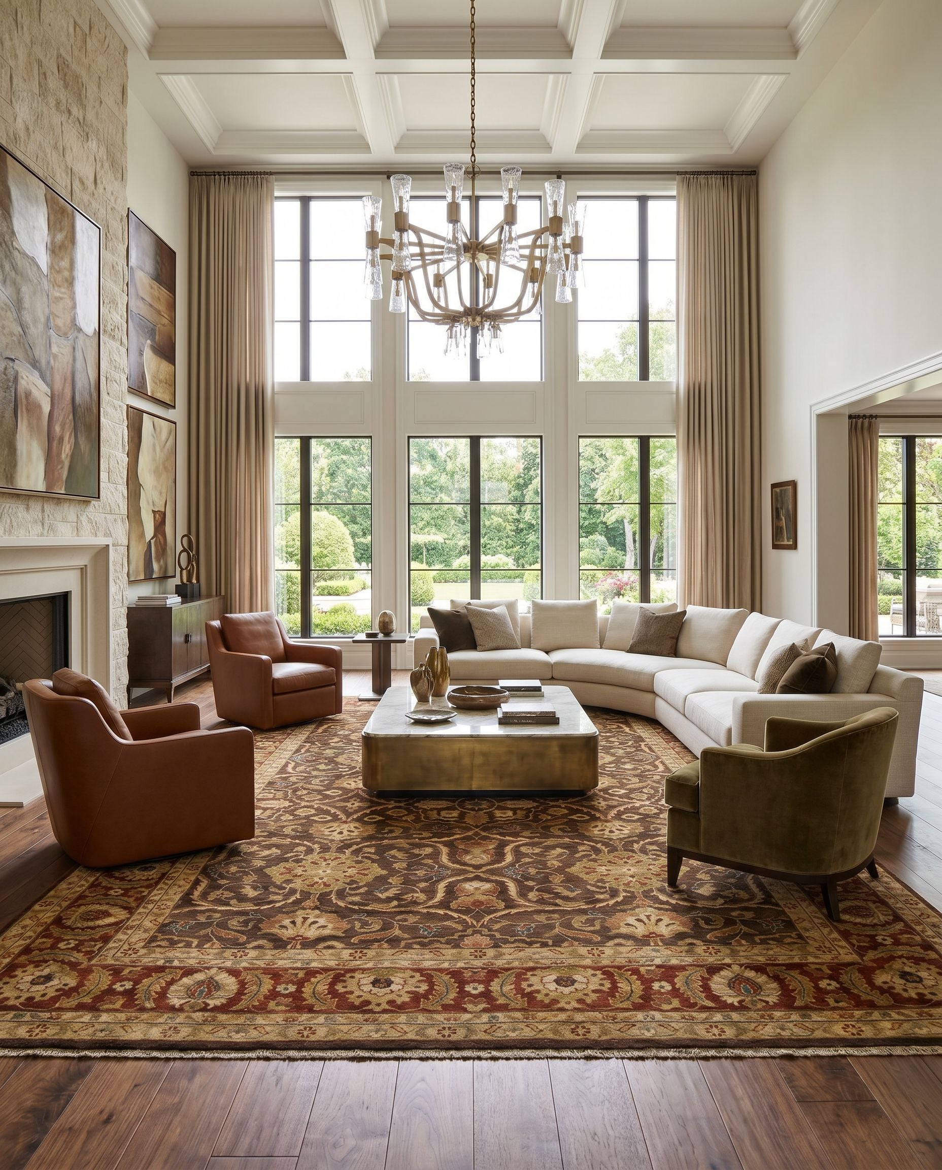 Timeless TIM-7920 Hand Knotted Rug styled in an elegant designer living room — hand knotted traditional area rug in light brown, burnt orange, medium brown and sky blue tones