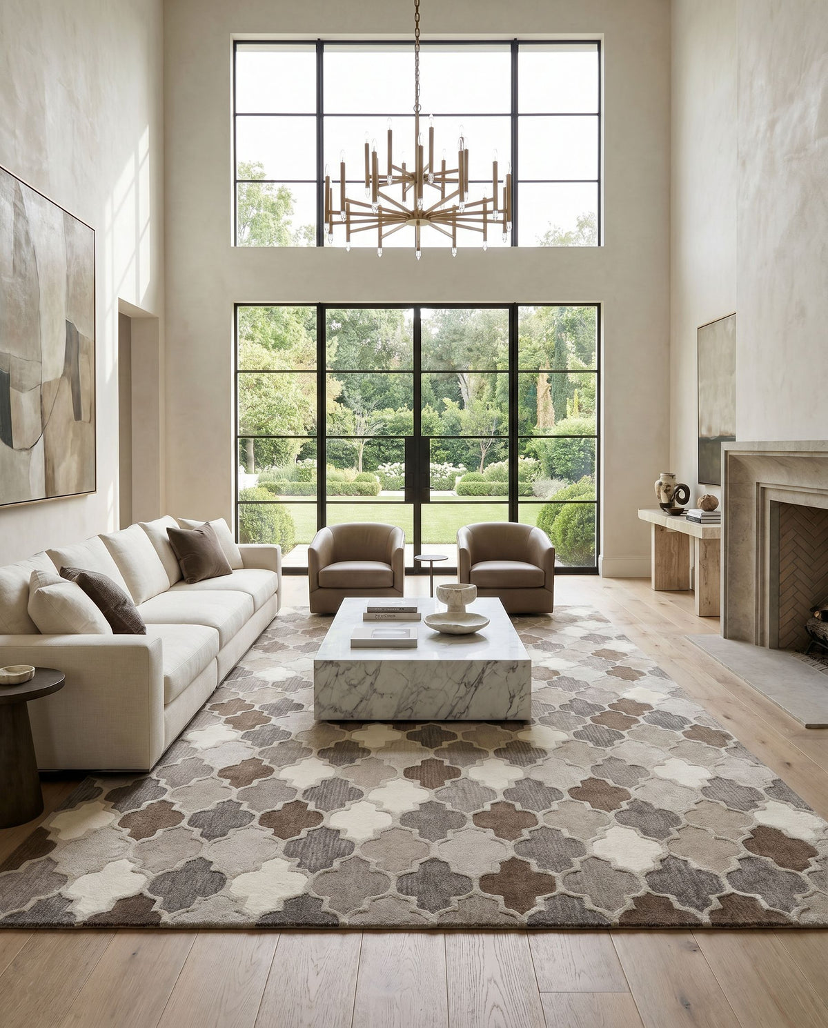 Oasis OAS-1088 Hand Tufted Rug styled in an elegant designer living room — hand tufted cottage area rug in charcoal, taupe, gray and dark brown tones