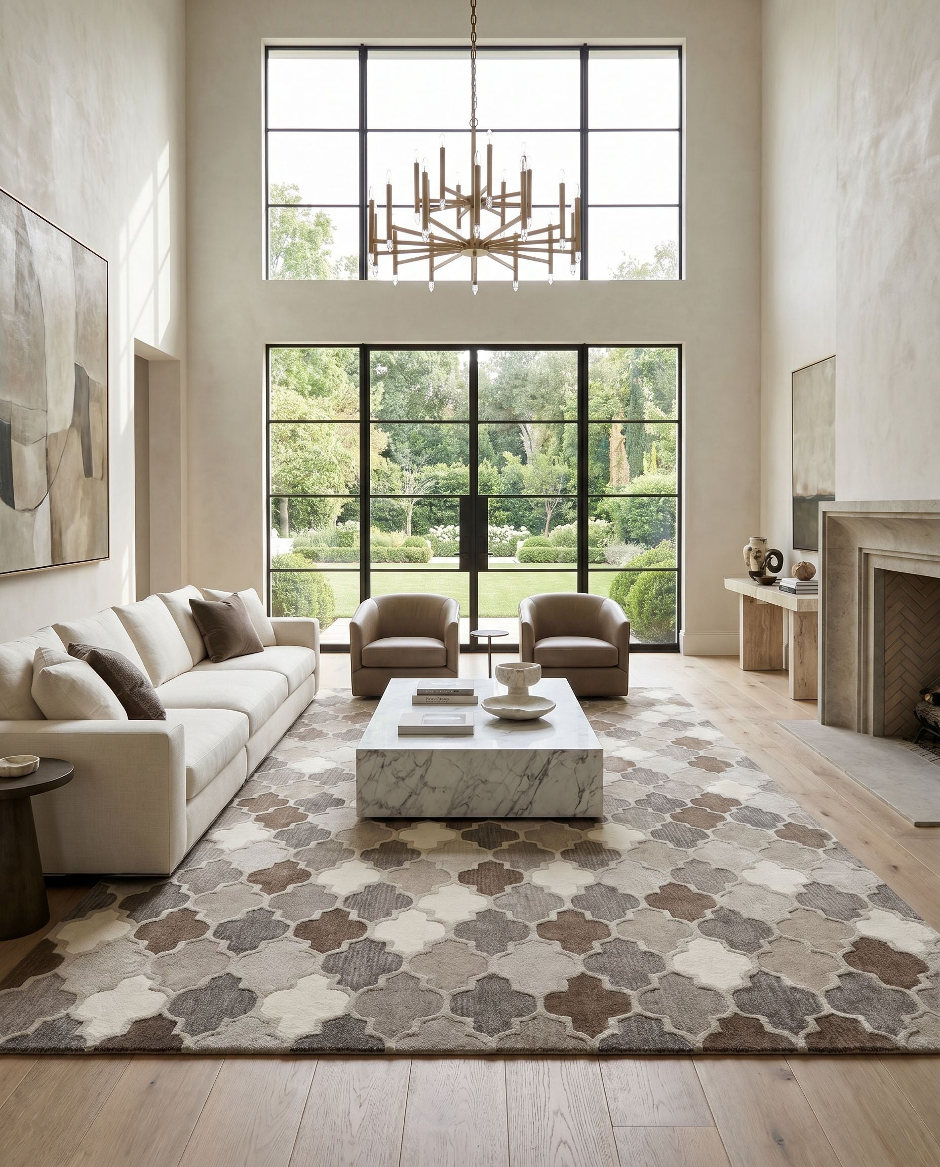 Oasis OAS-1088 Hand Tufted Rug styled in an elegant designer living room — hand tufted cottage area rug in charcoal, taupe, gray and dark brown tones