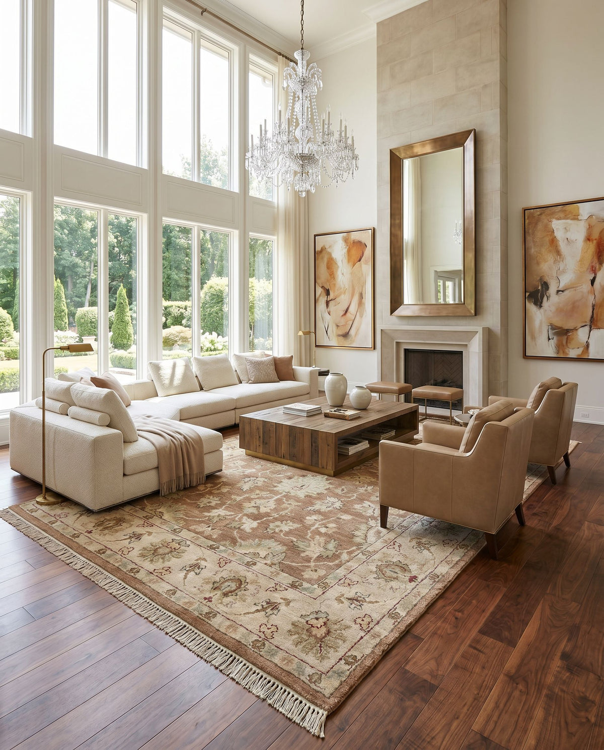 Estate EST-10503 Hand Knotted Rug styled in an elegant designer living room — hand knotted traditional area rug in camel, sage, dusty pink and dark brown tones