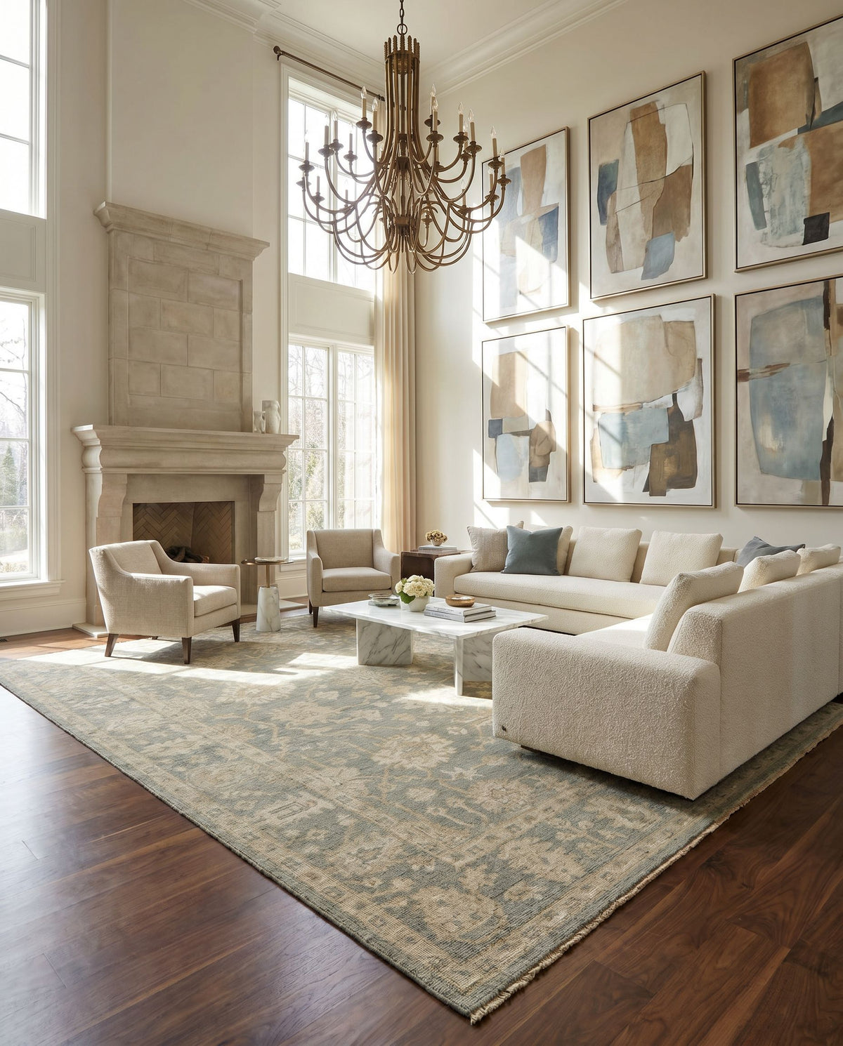 Reign REG-2306 Hand Knotted Rug styled in an elegant designer living room — hand knotted traditional area rug in dusty sage, tan, beige and light brown tones