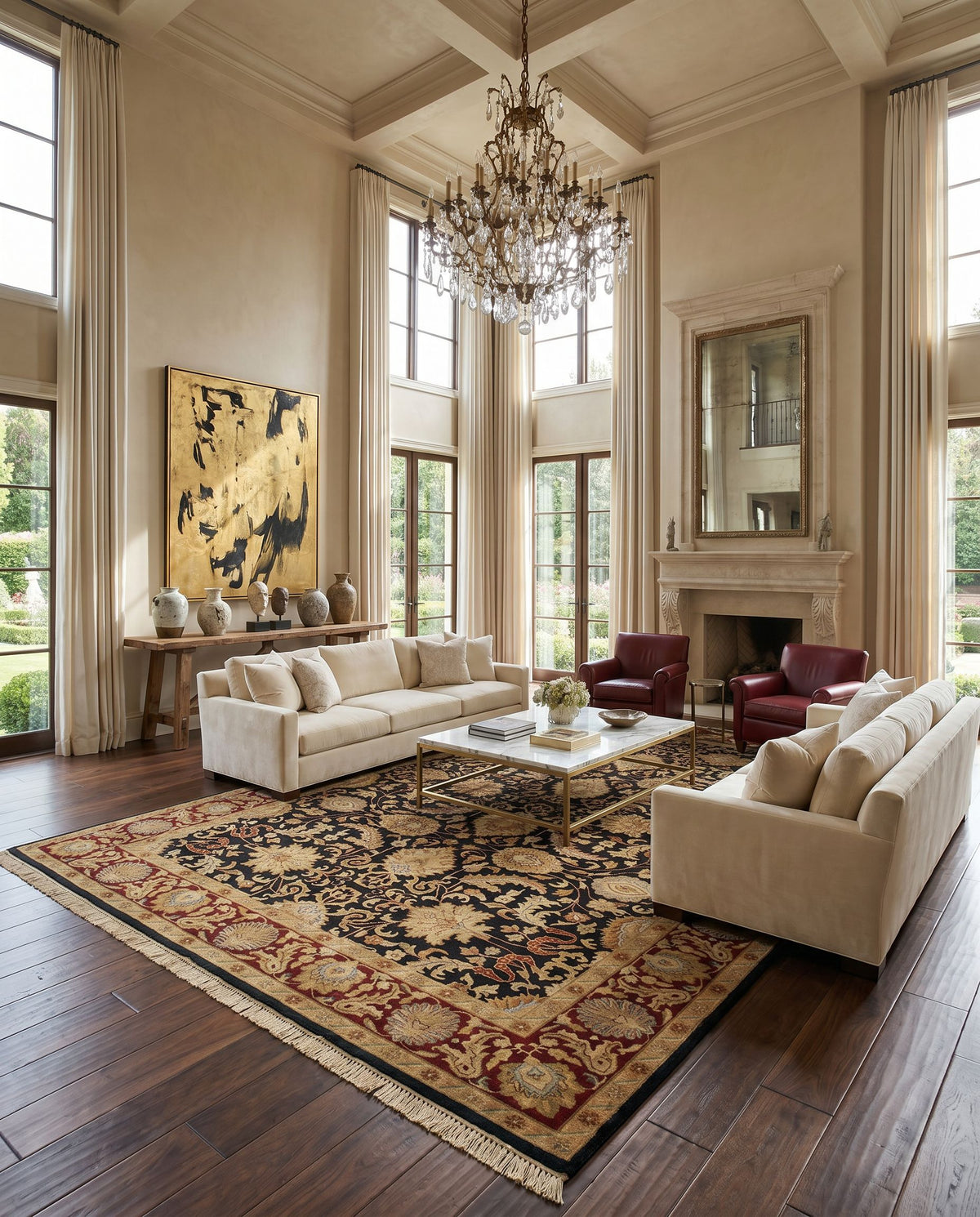 Taj Mahal TJ-6576 Hand Knotted Rug styled in an elegant designer living room — hand knotted traditional area rug in black, rust, olive and light brown tones