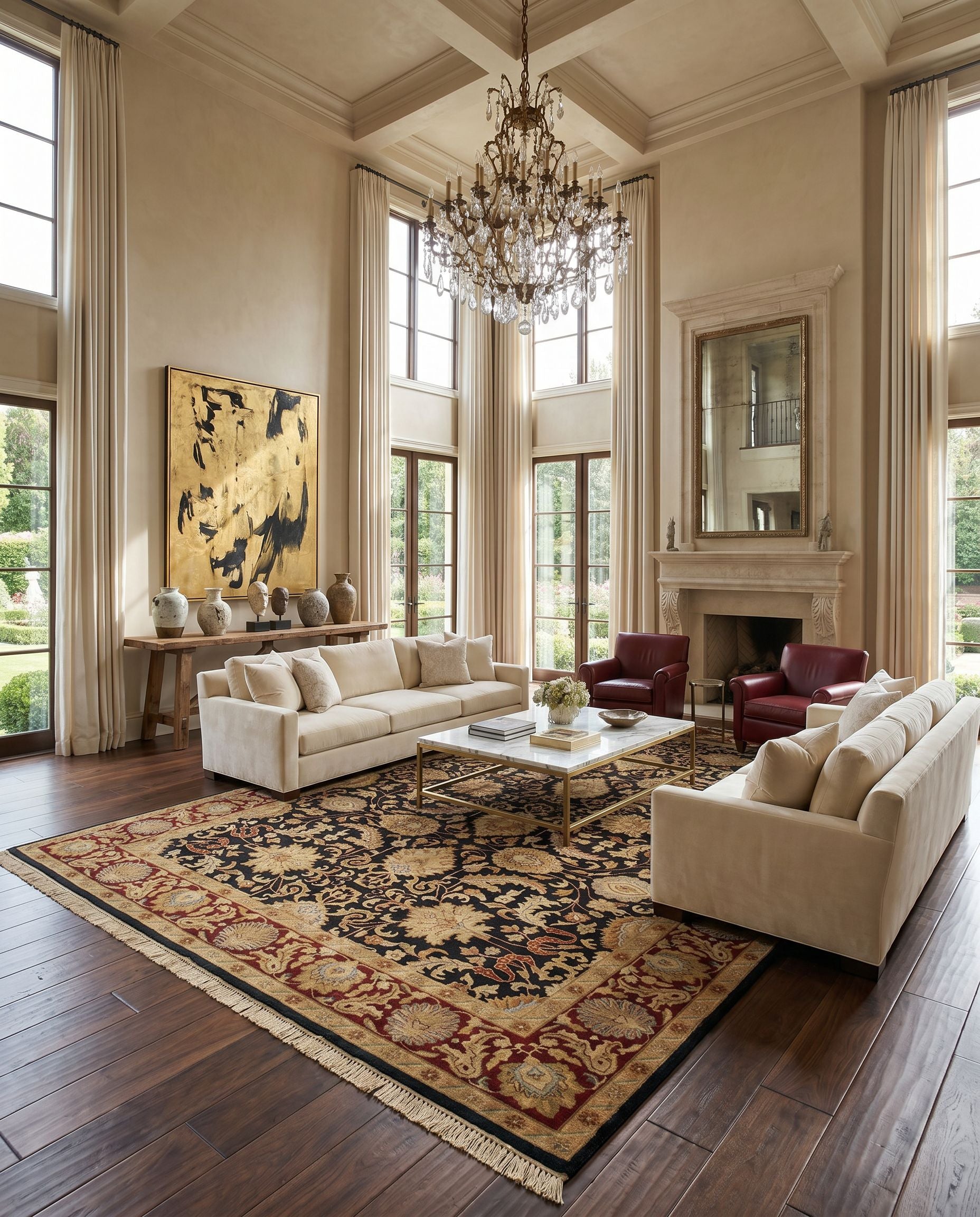 Taj Mahal TJ-6576 Hand Knotted Rug styled in an elegant designer living room — hand knotted traditional area rug in black, rust, olive and light brown tones