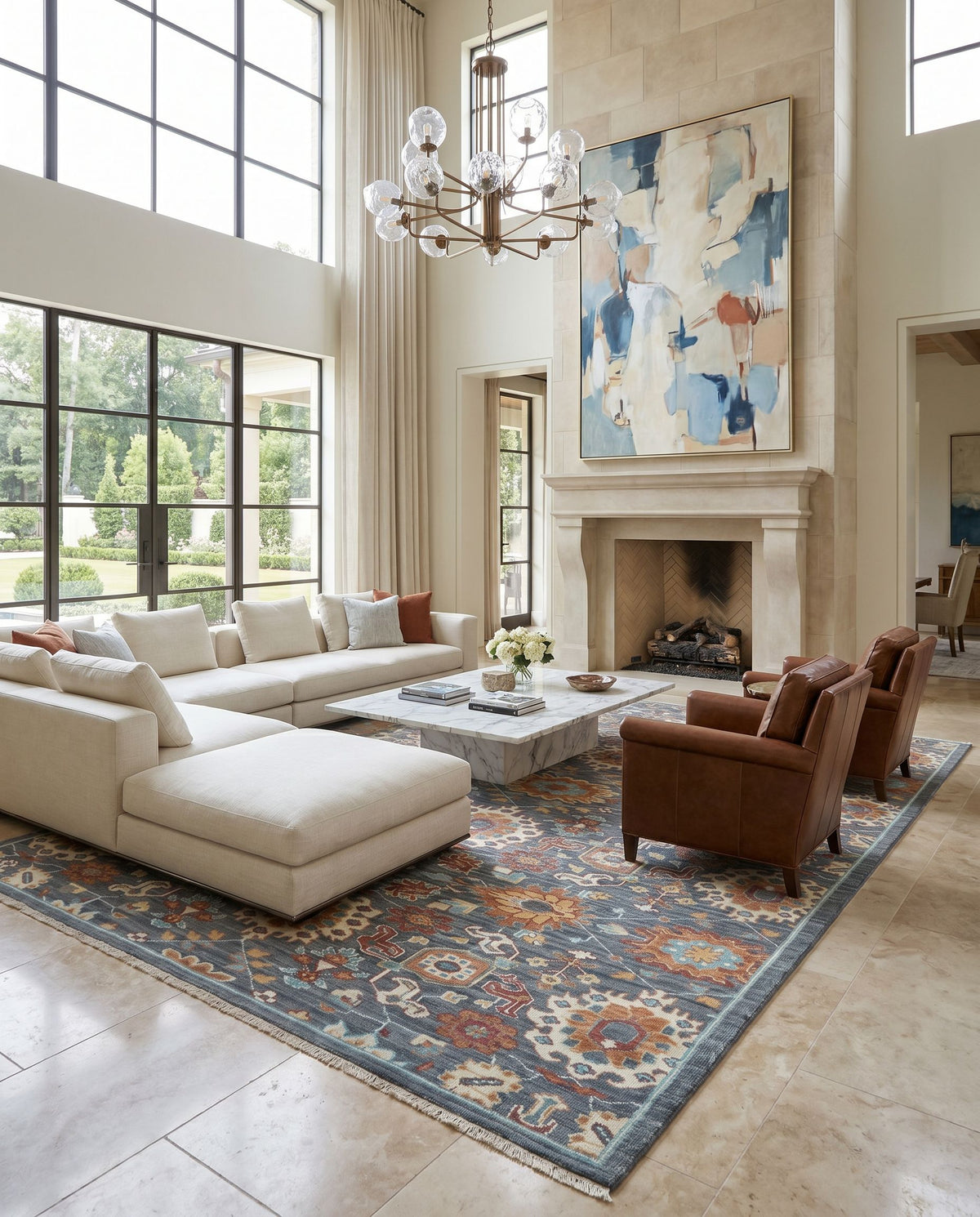 Elixir EXI-1006 Hand Knotted Rug styled in an elegant designer living room — hand knotted traditional area rug in dark green, camel, teal and cream tones