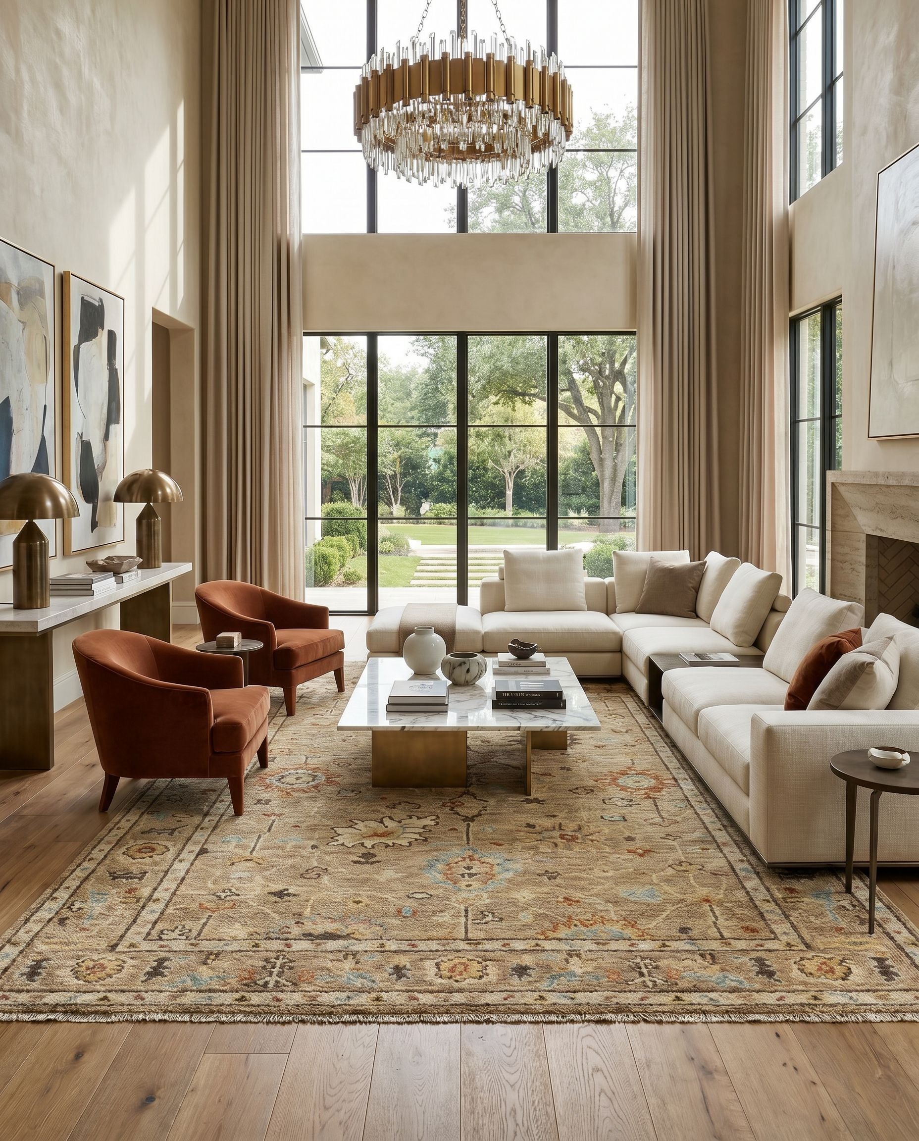 Biscayne BSY-2314 Hand Knotted Rug styled in an elegant designer living room — hand knotted traditional area rug in tan, dark brown, yellow and rose tones
