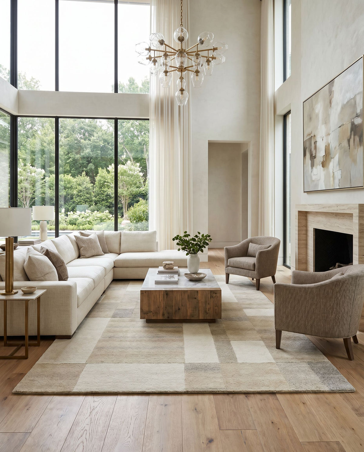Forum FM-7246 Hand Tufted Rug styled in an elegant designer living room — hand tufted modern area rug in ivory, sandstone, taupe and beige tones