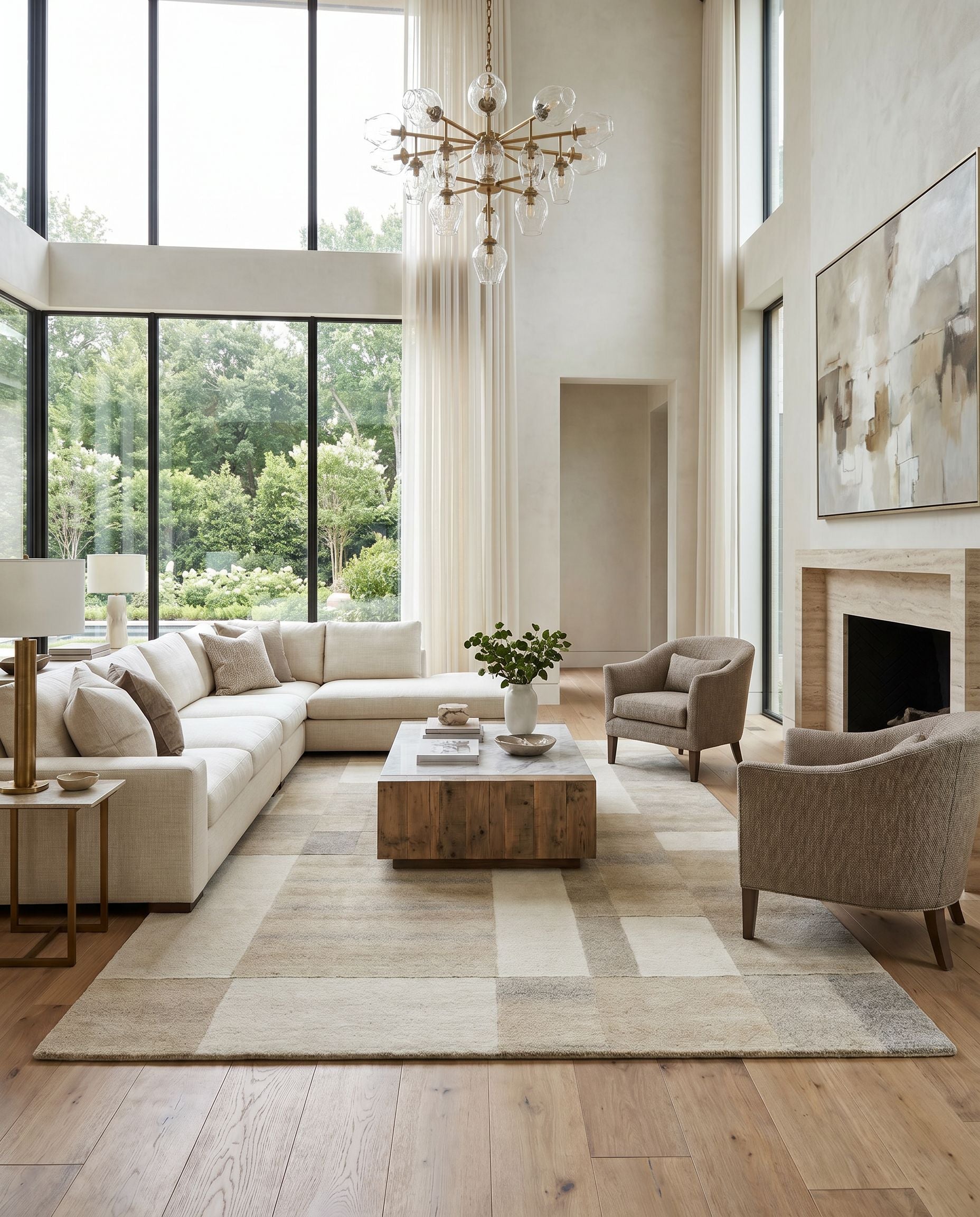 Forum FM-7246 Hand Tufted Rug styled in an elegant designer living room — hand tufted modern area rug in ivory, sandstone, taupe and beige tones
