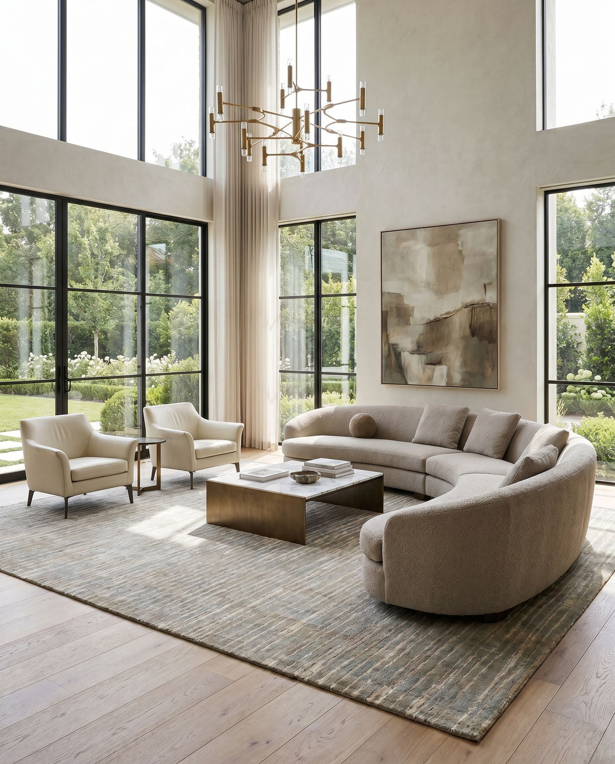 Luminous LMN-3022 Hand Knotted Rug styled in an elegant designer living room — hand knotted modern area rug in sage tones